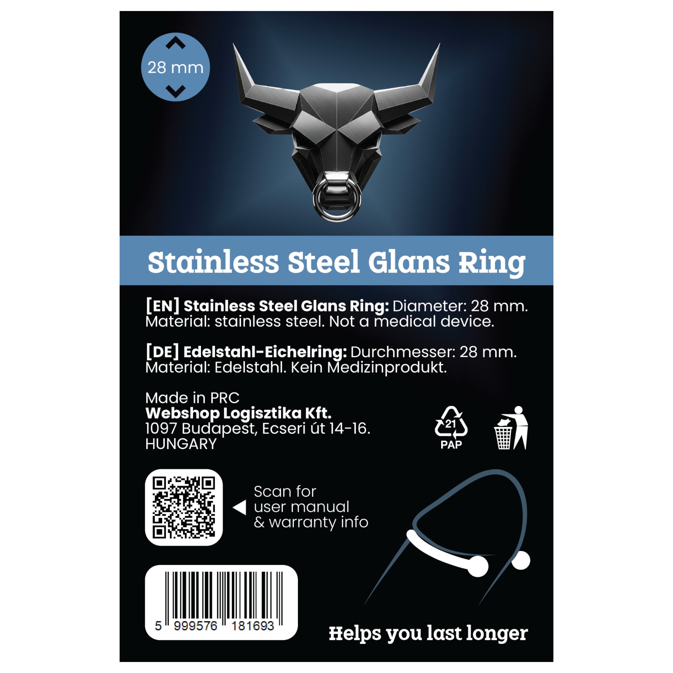 Rozsdamentes fém makkgyűrű – ejakuláció késleltetéshez (28mm)