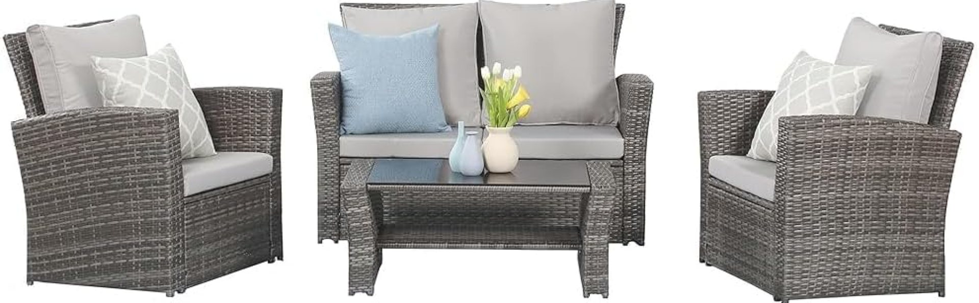 Wisteria Lane 4 Piece Outdoor Patio Furniture Sets, Wicker Conversation Set for Porch Deck, Gray Rattan Sofa Chair with Cushion Wisteria Lane 4 Piece Outdoor Patio Furniture Sets, Wicker Conversation Set for Porch Deck, Gray Rattan Sofa Chair with Cushion