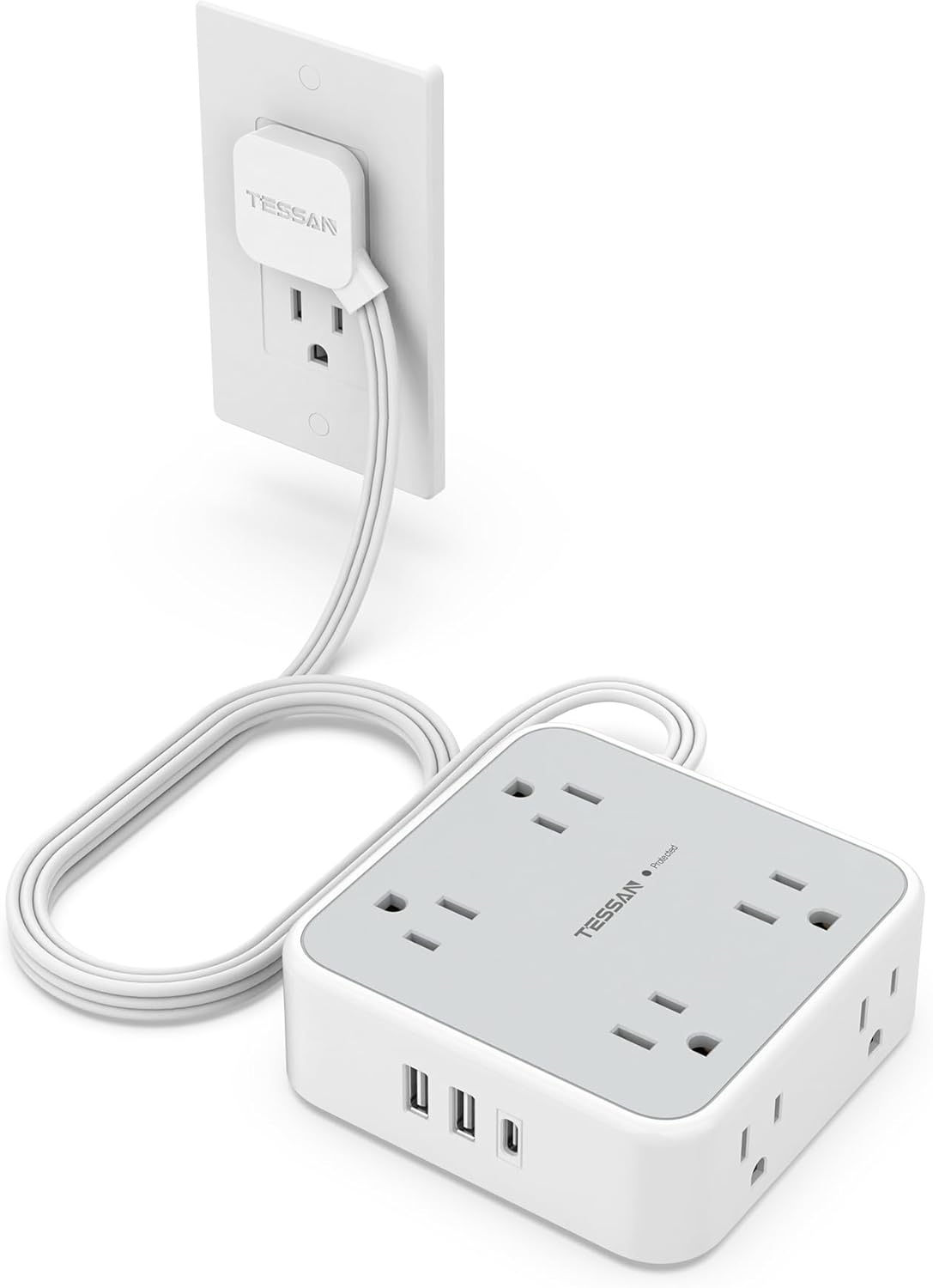 Surge Protector Flat Extension Cord Flat Plug Power Strip, 8 AC Outlets, 3 USB Charger(1 USB C Port) 3-Sided Outlet Extender, 5 Ft, 900 Joules Protection, Office Supplies, Dorm Room Essentials, Grey Surge Protector Flat Extension Cord Flat Plug Power Strip, 8 AC Outlets, 3 USB Charger(1 USB C Port) 3-Sided Outlet Extender, 5 Ft, 900 Joules Protection, Office Supplies, Dorm Room Essentials, Grey