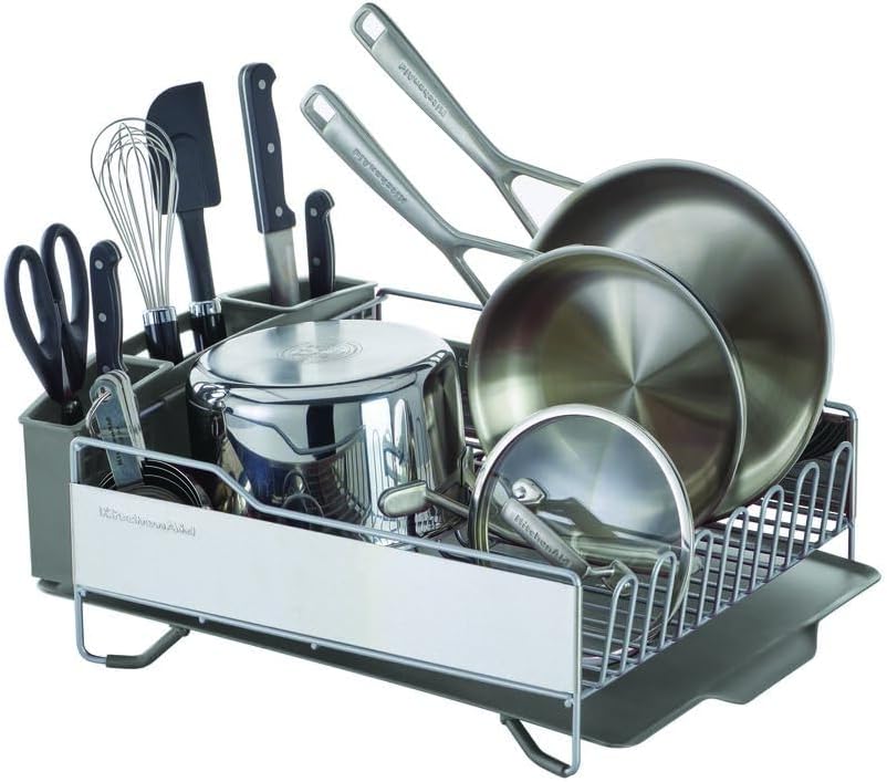 KitchenAid Large Capacity Full Size Rust Resistant Dish Rack with Angled Drain Board and Removable Flatware Caddy, Light Grey KitchenAid Large Capacity Full Size Rust Resistant Dish Rack with Angled Drain Board and Removable Flatware Caddy, Light Grey