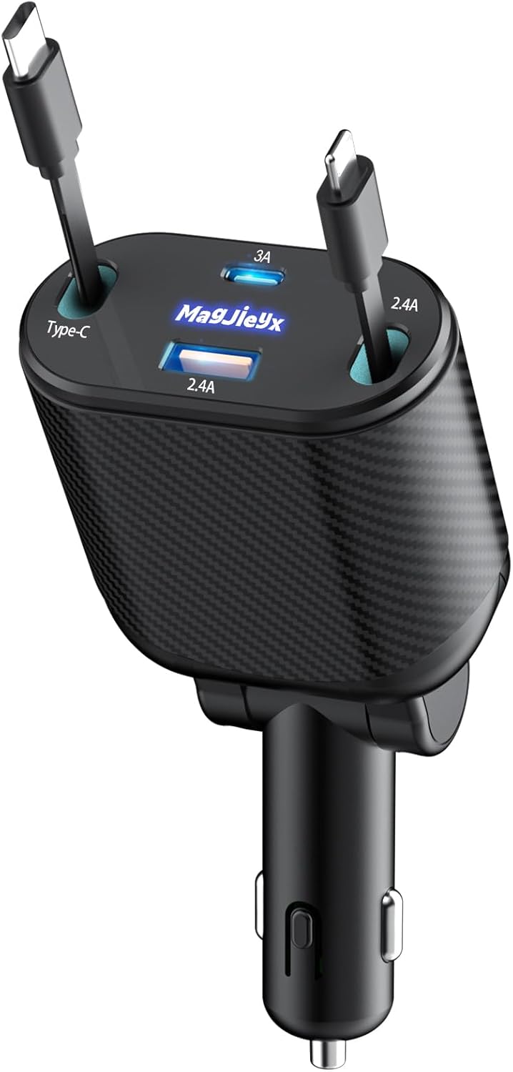 Retractable Car Charger 4 in 1 Fast Charging Adapter Magjieyx 62W Retractable Type-C/USB-i Cables and USB C/USB A QC & PD Devices for iPhone 16/15/14/13/12Pro Max Plus,iPad,AirPods, Galaxy,Google Retractable Car Charger 4 in 1 Fast Charging Adapter Magjieyx 62W Retractable Type-C/USB-i Cables and USB C/USB A QC & PD Devices for iPhone 16/15/14/13/12Pro Max Plus,iPad,AirPods, Galaxy,Google