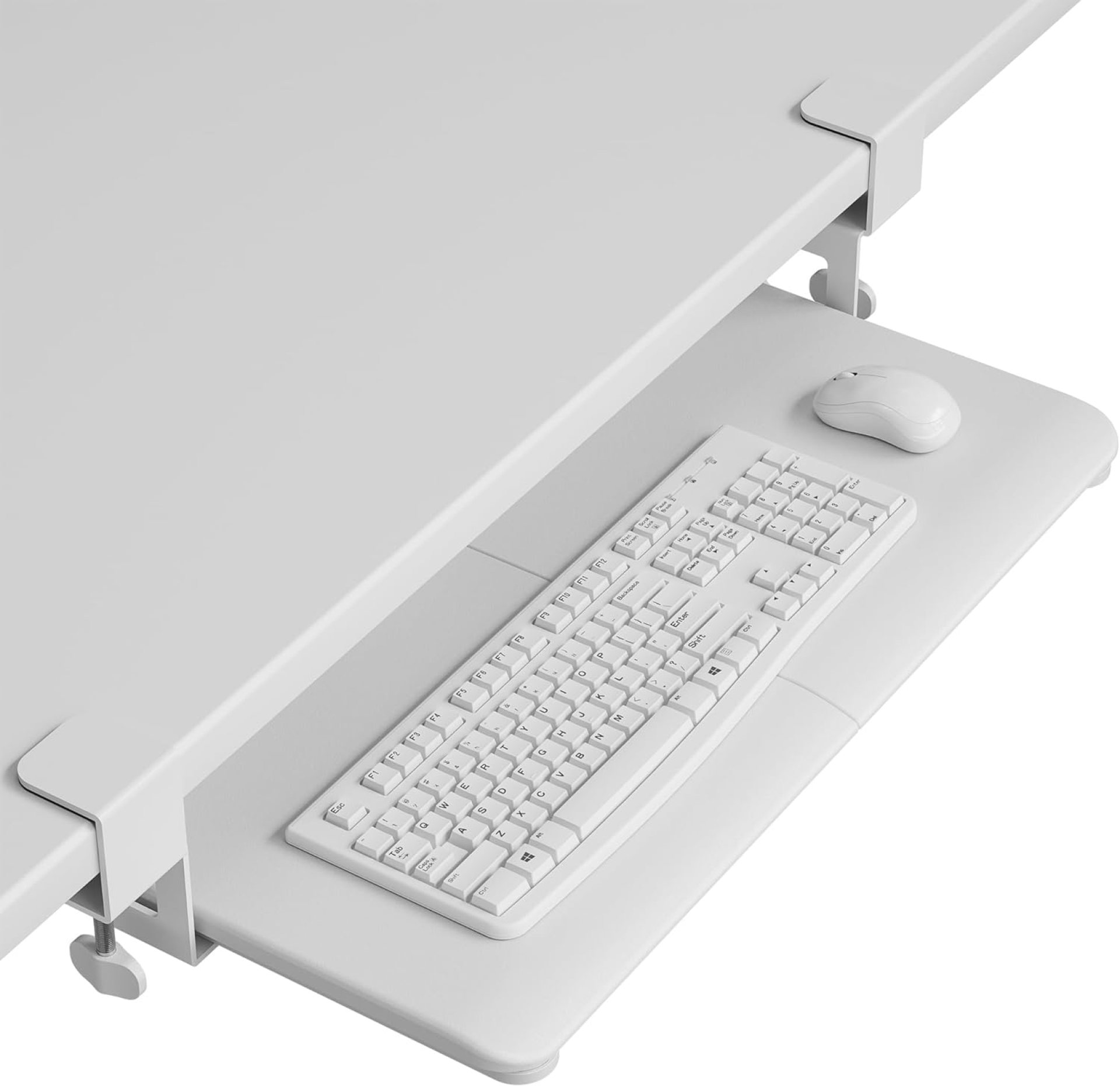 BONTEC KMT01 Under Desk Keyboard Tray, Pull-Out Keyboard & Mouse Platform with C-Clamp, 25.6 x 11.8 in Space-Saving Ergonomic Slide-Out Drawer, White BONTEC KMT01 Under Desk Keyboard Tray, Pull-Out Keyboard & Mouse Platform with C-Clamp, 25.6 x 11.8 in Space-Saving Ergonomic Slide-Out Drawer, White