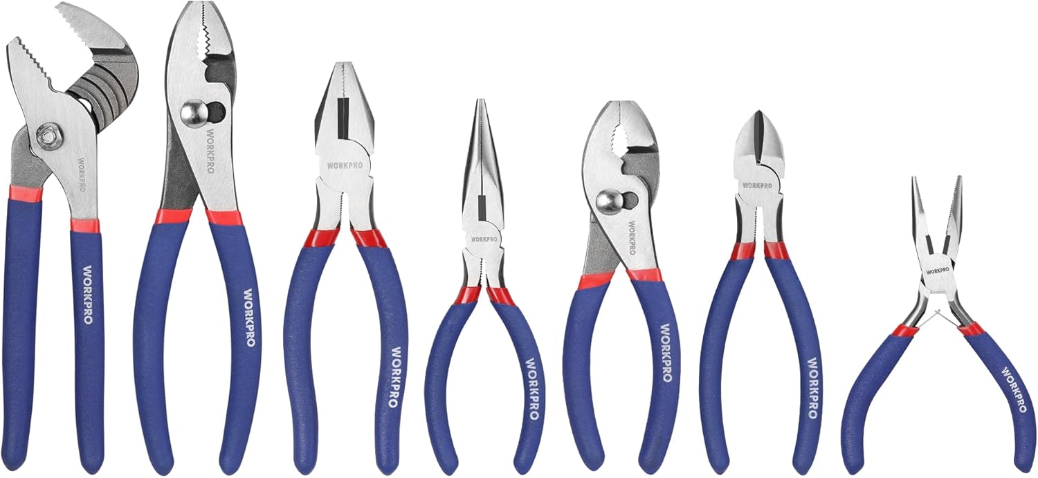 7-piece WORKPRO Pliers Set with Groove Joint, Long Nose, Slip Joint, Linesman, and Diagonal Pliers for DIY & Home Use 7-piece WORKPRO Pliers Set with Groove Joint, Long Nose, Slip Joint, Linesman, and Diagonal Pliers for DIY & Home Use