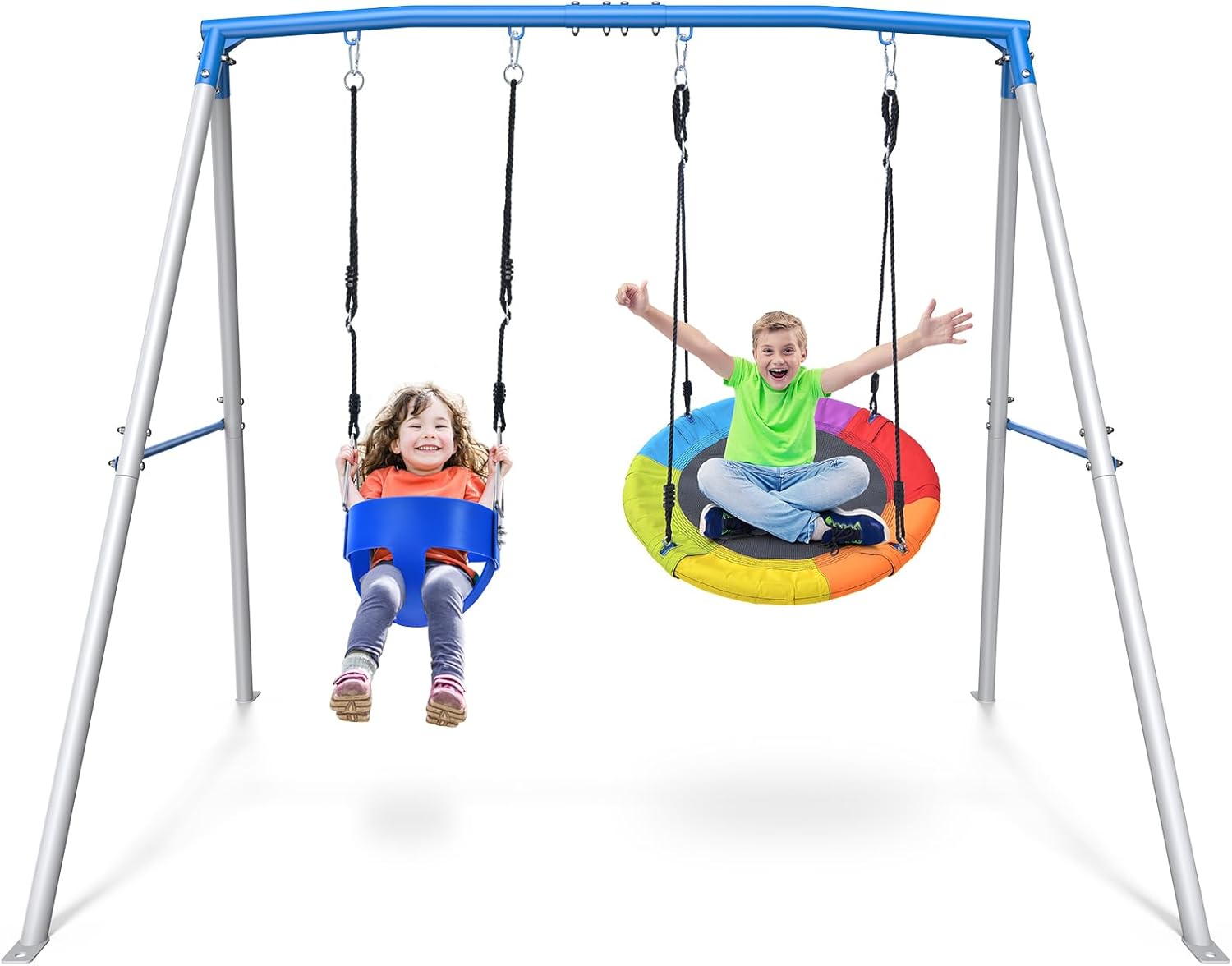 Trekassy Swing Sets for Backyard, 440lbs Heavy Duty A-Frame Metal Swing Stand with 1 Saucer Swing and 1 Toddler Swing, Outdoor Kids Play Equipment for Playground, Playset Trekassy Swing Sets for Backyard, 440lbs Heavy Duty A-Frame Metal Swing Stand with 1 Saucer Swing and 1 Toddler Swing, Outdoor Kids Play Equipment for Playground, Playset