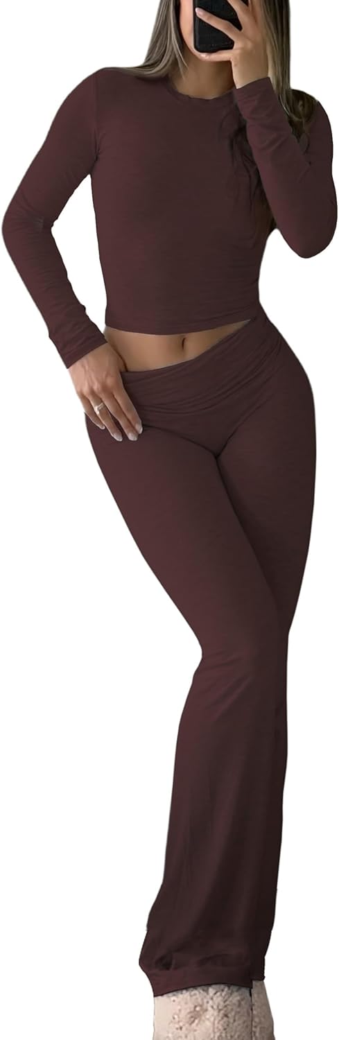 Women’s 2 Piece Casual Pajama Set-Slim Fit Long Sleeve Top Low Rise Bell Bottoms-Versatile Yoga Loungewear Women’s 2 Piece Casual Pajama Set-Slim Fit Long Sleeve Top Low Rise Bell Bottoms-Versatile Yoga Loungewear