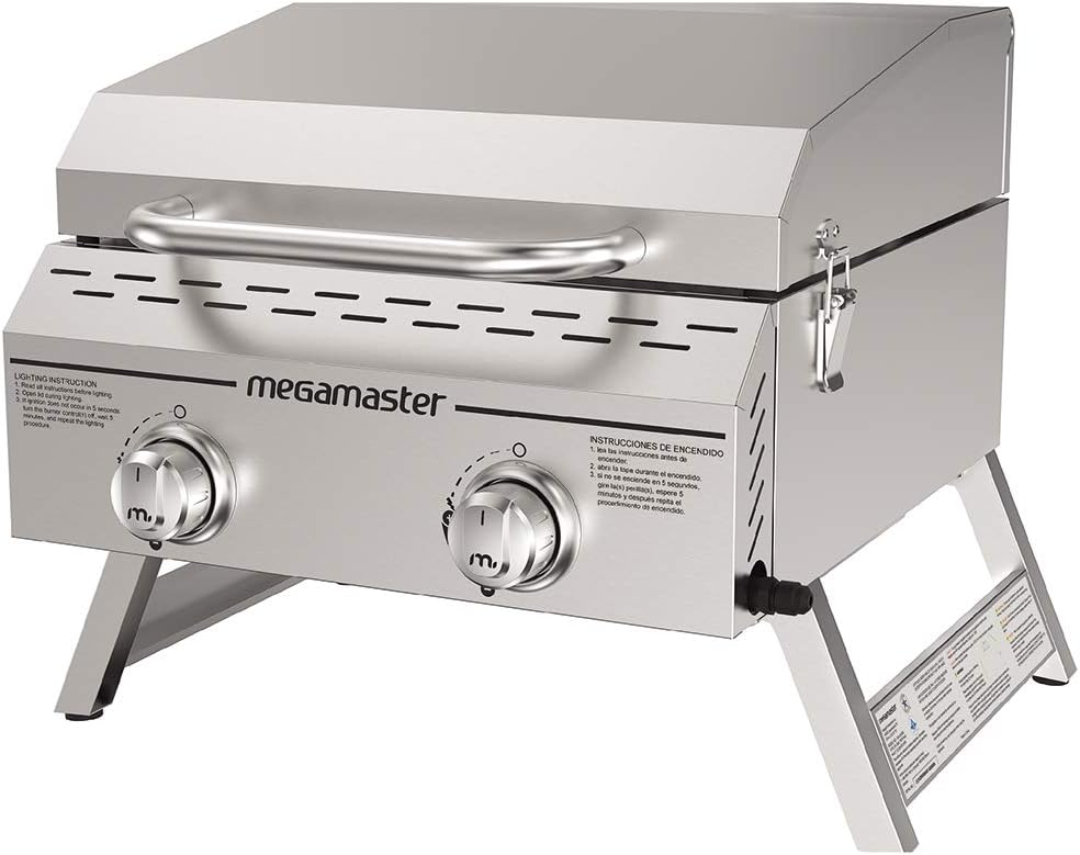 Megamaster Premium Outdoor Cooking 2-Burner Grill, While Camping, Outdoor Kitchen, Patio Garden, Barbecue with Two Foldable legs, Silver in Stainless Steel Megamaster Premium Outdoor Cooking 2-Burner Grill, While Camping, Outdoor Kitchen, Patio Garden, Barbecue with Two Foldable legs, Silver in Stainless Steel