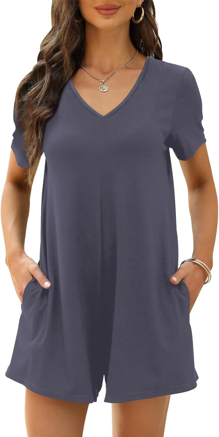 Women’s Summer Short Sleeve V Neck Short Jumpsuit Loose Casual Romper with Pockets Women’s Summer Short Sleeve V Neck Short Jumpsuit Loose Casual Romper with Pockets