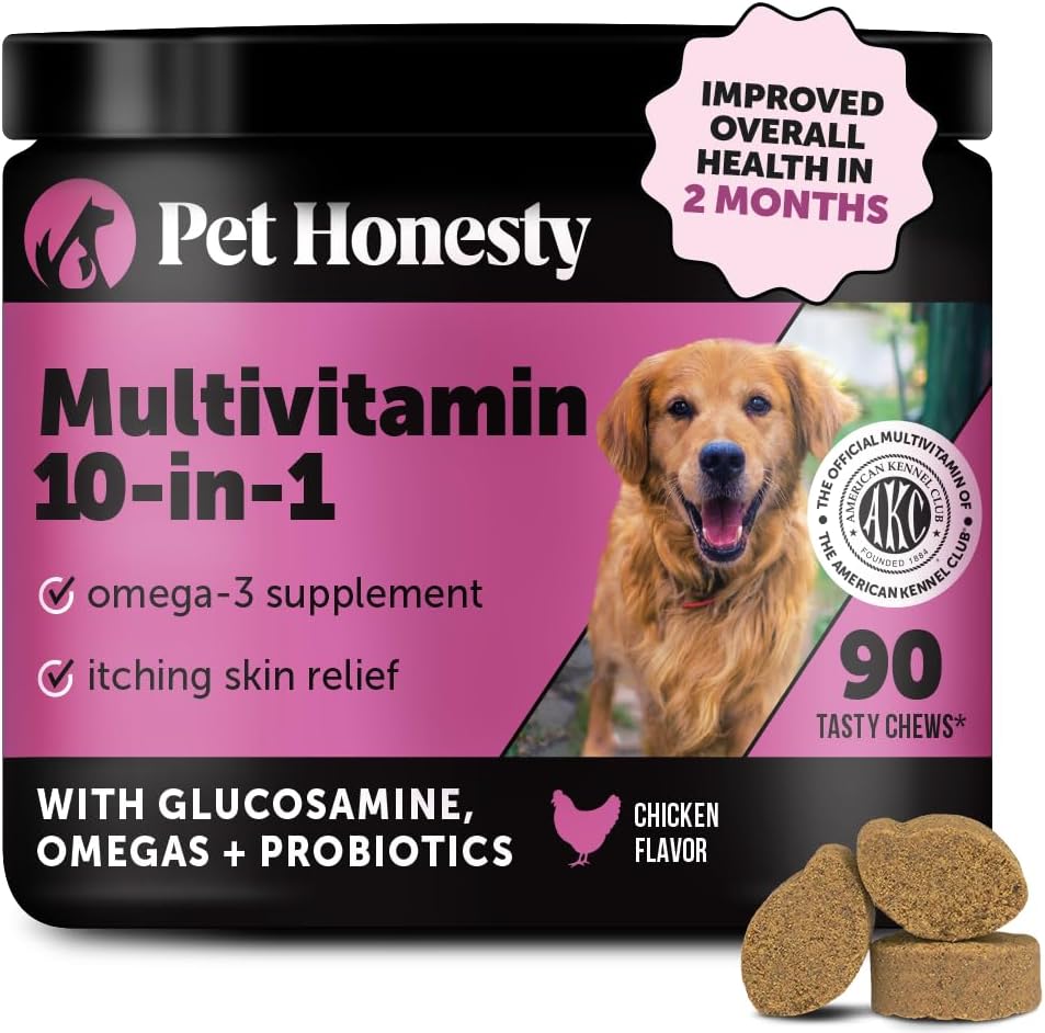 Pet Honesty Multivitamin Dog Supplement, Glucosamine Chondroitin for Dogs, Probiotics, Omega Fish Oil, Dog Supplements & Vitamins, Dog Vitamins for Skin and Coat Allergies, (Chicken 90 ct) Pet Honesty Multivitamin Dog Supplement, Glucosamine Chondroitin for Dogs, Probiotics, Omega Fish Oil, Dog Supplements & Vitamins, Dog Vitamins for Skin and Coat Allergies, (Chicken 90 ct)