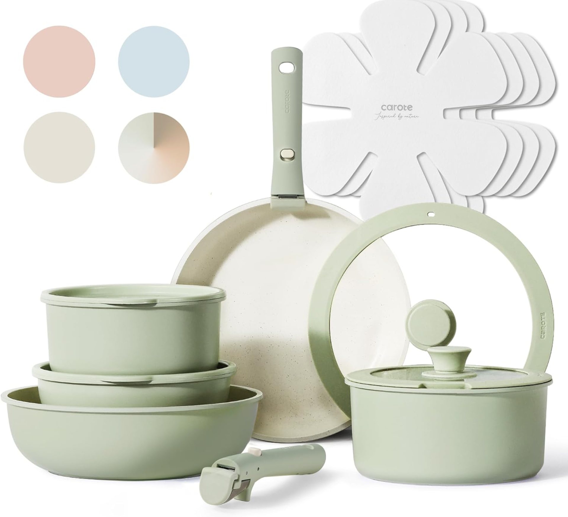 CAROTE Pots and Pans Set, Nonstick Cookware Set Detachable Handle, 15pcs Induction Kitchen Cookware Sets Non Stick with Removable Handle, RV Cookware Set, Oven Safe, Sage Green CAROTE Pots and Pans Set, Nonstick Cookware Set Detachable Handle, 15pcs Induction Kitchen Cookware Sets Non Stick with Removable Handle, RV Cookware Set, Oven Safe, Sage Green