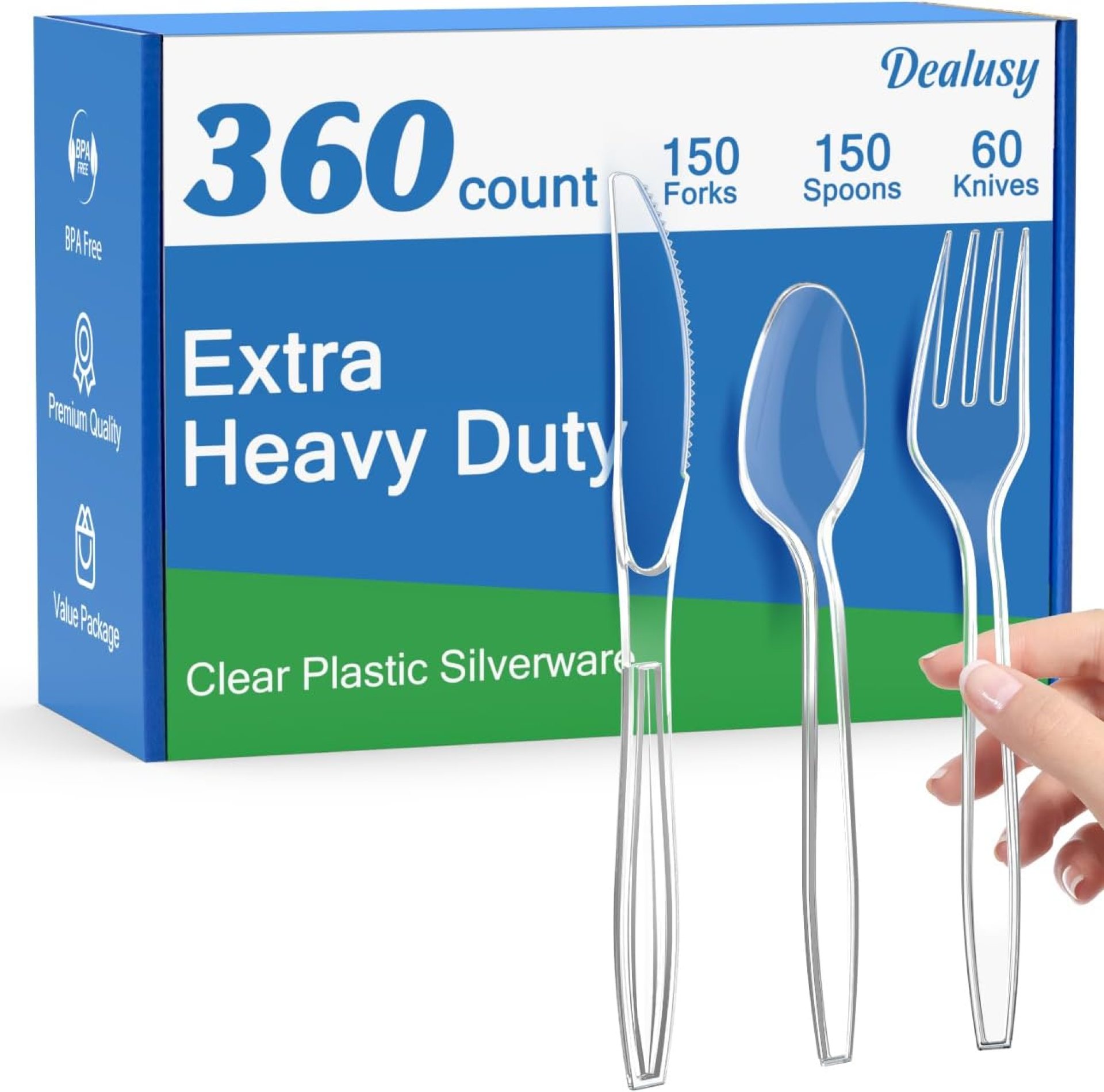 360 Count Extra Heavy Duty Clear Plastic Silverware, 150 Forks, 150 Spoons, 60 Knives, BPA-Free, Heat Resistant, Disposable Plastic Utensils Set, Plastic Cutlery Set, Plasticware Bulk 360 Count Extra Heavy Duty Clear Plastic Silverware, 150 Forks, 150 Spoons, 60 Knives, BPA-Free, Heat Resistant, Disposable Plastic Utensils Set, Plastic Cutlery Set, Plasticware Bulk