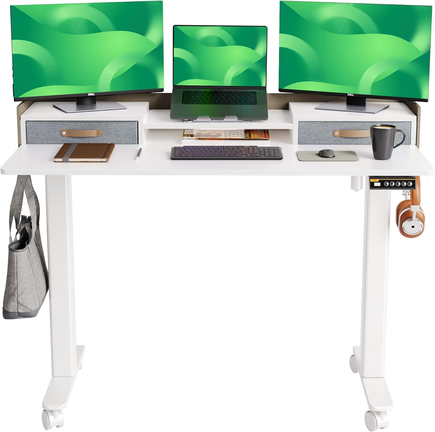 Standing Desk with Drawers, Stand Up Electric Standing Desk Adjustable Height, Sit Stand Desk with Storage Shelf and Splice Board, 55 Inch, White Standing Desk with Drawers, Stand Up Electric Standing Desk Adjustable Height, Sit Stand Desk with Storage Shelf and Splice Board, 55 Inch, White