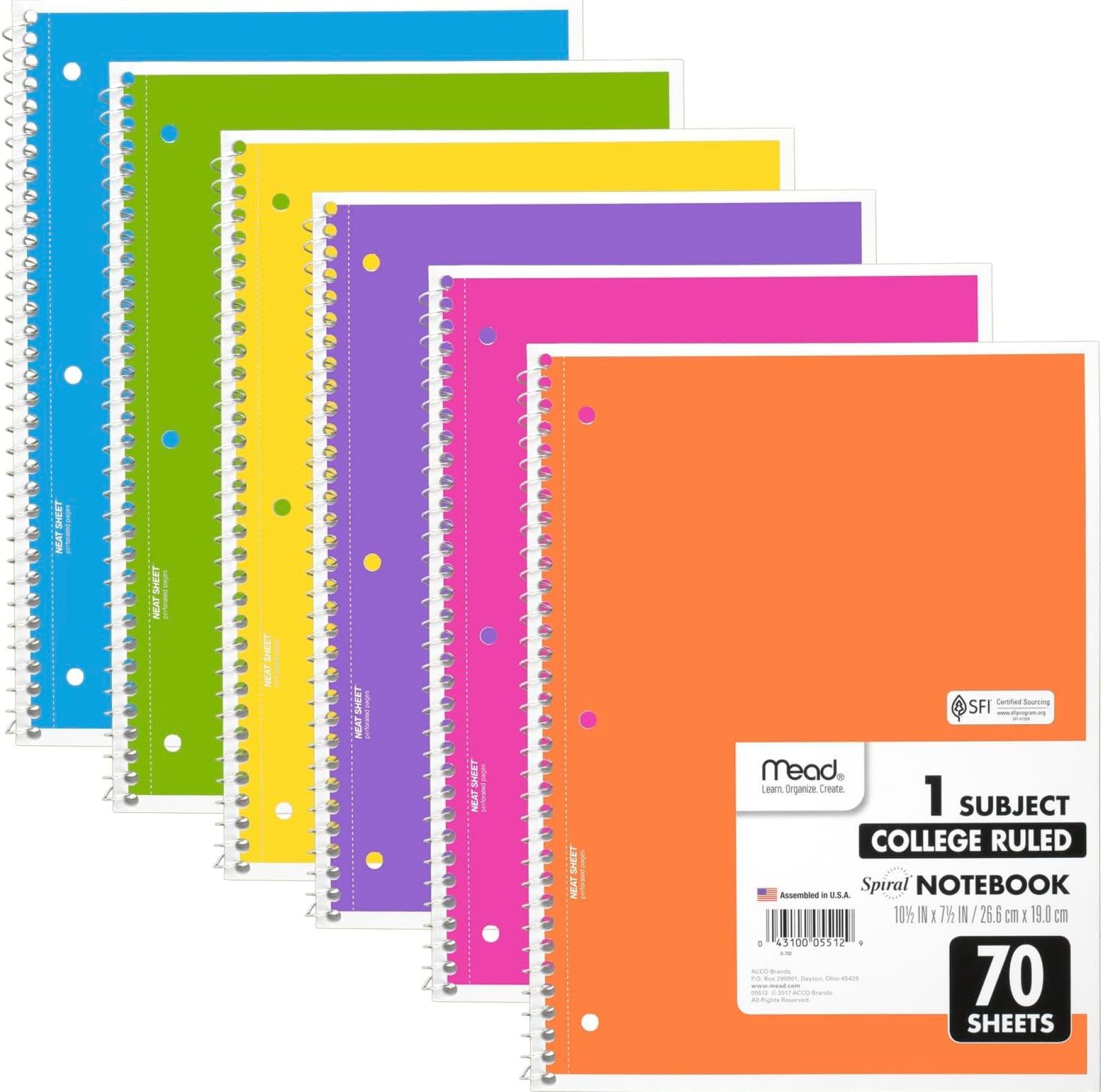 Mead Spiral Notebooks, 6 Pack, 1-Subject, College Ruled Paper, 8″ x 10-1/2″, 70 Sheets, Assorted Bright Colors (830050-ECM) Mead Spiral Notebooks, 6 Pack, 1-Subject, College Ruled Paper, 8″ x 10-1/2″, 70 Sheets, Assorted Bright Colors (830050-ECM)
