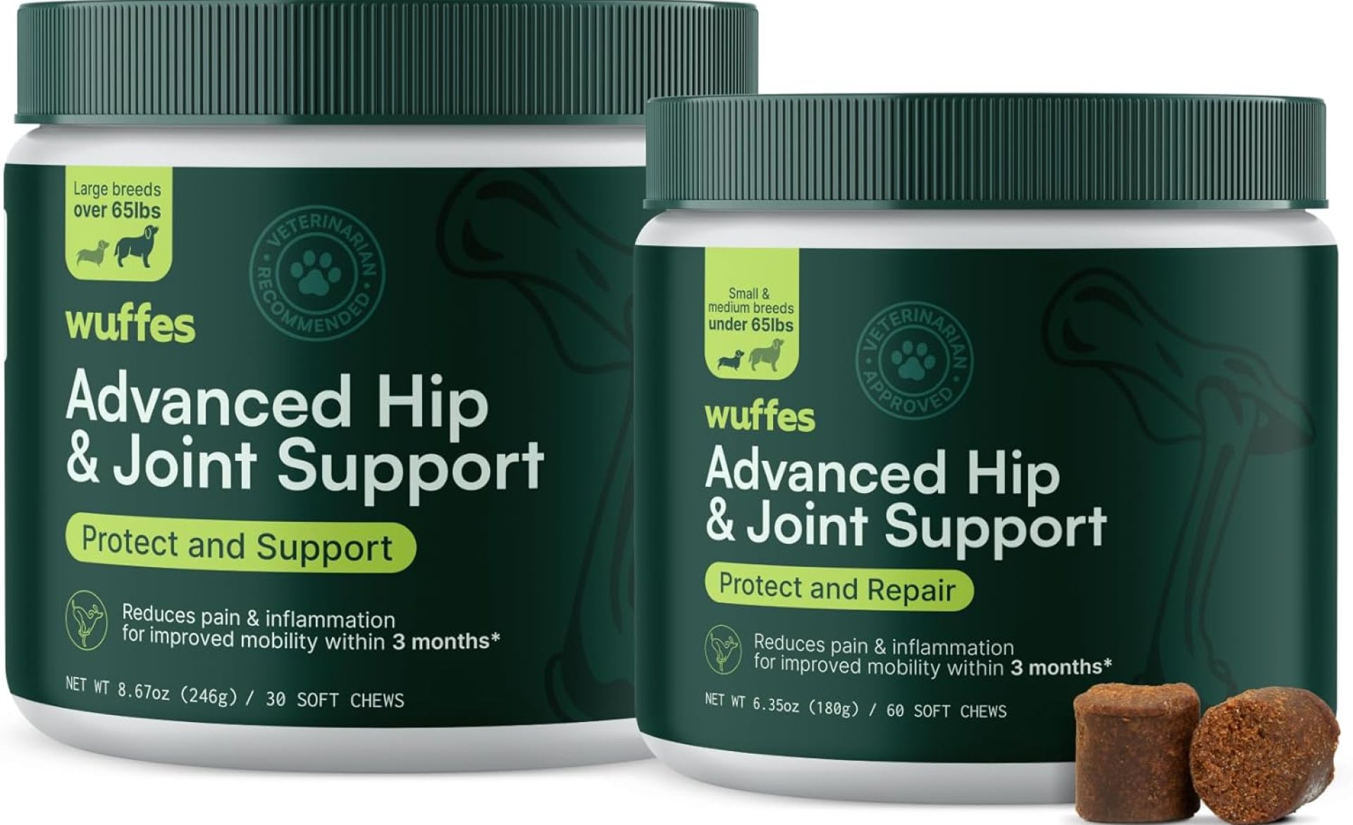 Wuffes Advanced Dog Hip and Joint Supplement with Glucosamine, Chondroitin, Omega 3, MSM, and Green Lipped Mussel, (Pack of 2, Small & Large Breed) Wuffes Advanced Dog Hip and Joint Supplement with Glucosamine, Chondroitin, Omega 3, MSM, and Green Lipped Mussel, (Pack of 2, Small & Large Breed)