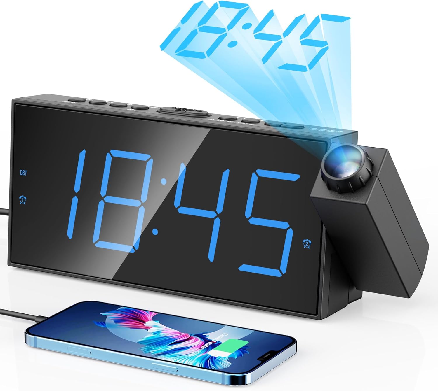 Digital Projection Alarm Clocks for Bedrooms – Large LED Display, 180° Rotatable Projector, 5-Level Dimmer,USB Charger,Battery Backup,Loud Dual Alarms for Kids Elderly,Heavy Sleepers,Snooze,12/24H,DST Digital Projection Alarm Clocks for Bedrooms – Large LED Display, 180° Rotatable Projector, 5-Level Dimmer,USB Charger,Battery Backup,Loud Dual Alarms for Kids Elderly,Heavy Sleepers,Snooze,12/24H,DST