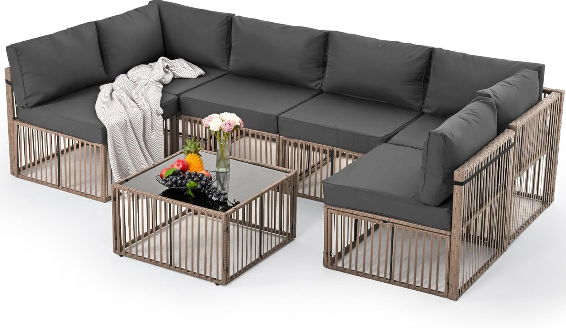Pamapic 7 Pieces Outdoor Sectional Set, All-Weather PE Rattan Patio Conversation Set, Wicker Adjustable Patio Furniture Set with Washable Cushions Covers and Coffee Table, Brown Rattan, Gray Cushion Pamapic 7 Pieces Outdoor Sectional Set, All-Weather PE Rattan Patio Conversation Set, Wicker Adjustable Patio Furniture Set with Washable Cushions Covers and Coffee Table, Brown Rattan, Gray Cushion