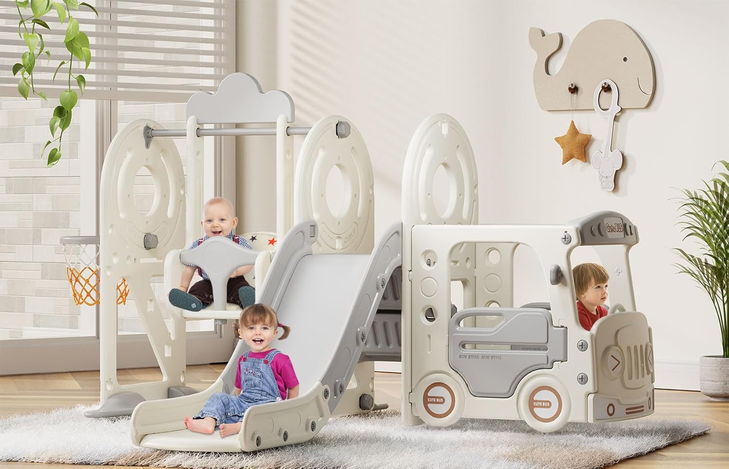 BIERUM 5 in 1 Toddler Slide and Swing Set, Kid Slide for Toddlers Age 1-3, Bus Themed Baby Slide with Basketball Hoop, Indoor Outdoor Slide Toddler Playset Toddler Playground BIERUM 5 in 1 Toddler Slide and Swing Set, Kid Slide for Toddlers Age 1-3, Bus Themed Baby Slide with Basketball Hoop, Indoor Outdoor Slide Toddler Playset Toddler Playground
