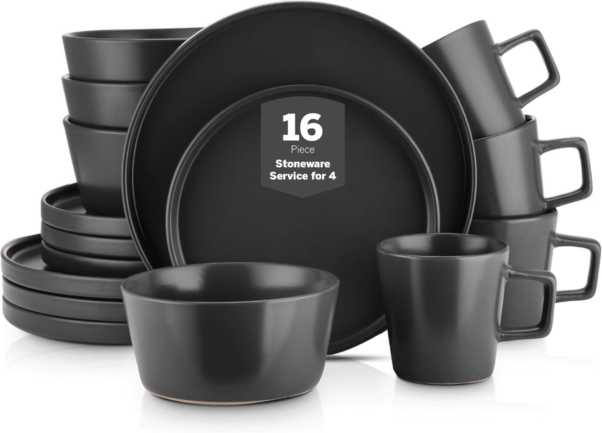 Stone Lain Celina Stoneware 16 Piece Dinnerware Set, Plates and Bowls, Black Matte Dish, Service for 4 – Minimalist Round Style, Microwave & Dishwasher Safe Stone Lain Celina Stoneware 16 Piece Dinnerware Set, Plates and Bowls, Black Matte Dish, Service for 4 – Minimalist Round Style, Microwave & Dishwasher Safe