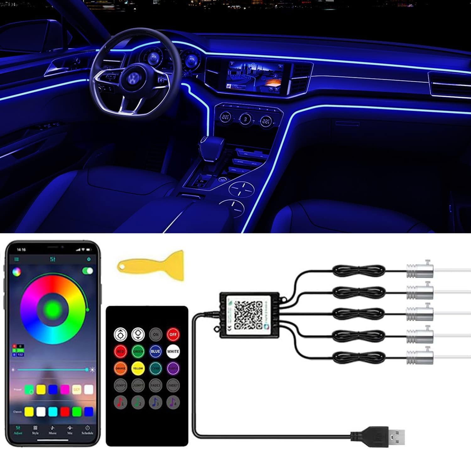 Car LED Interior Strip Lights, TEKSHINNY RGB Car Interior LED Light Wireless APP and Remote Control, 5 in 1 Ambient Lighting Kit with 236 Inches Fiber Optic, EL Wire Lights for Car Inside Car LED Interior Strip Lights, TEKSHINNY RGB Car Interior LED Light Wireless APP and Remote Control, 5 in 1 Ambient Lighting Kit with 236 Inches Fiber Optic, EL Wire Lights for Car Inside
