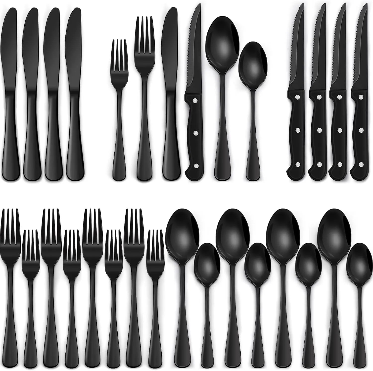 24-Piece Black Silverware Set with Steak Knives, Black Flatware Set for 4, Food-Grade Stainless Steel Tableware Cutlery Set, Mirror Finished Utensil Sets for Home Restaurant 24-Piece Black Silverware Set with Steak Knives, Black Flatware Set for 4, Food-Grade Stainless Steel Tableware Cutlery Set, Mirror Finished Utensil Sets for Home Restaurant