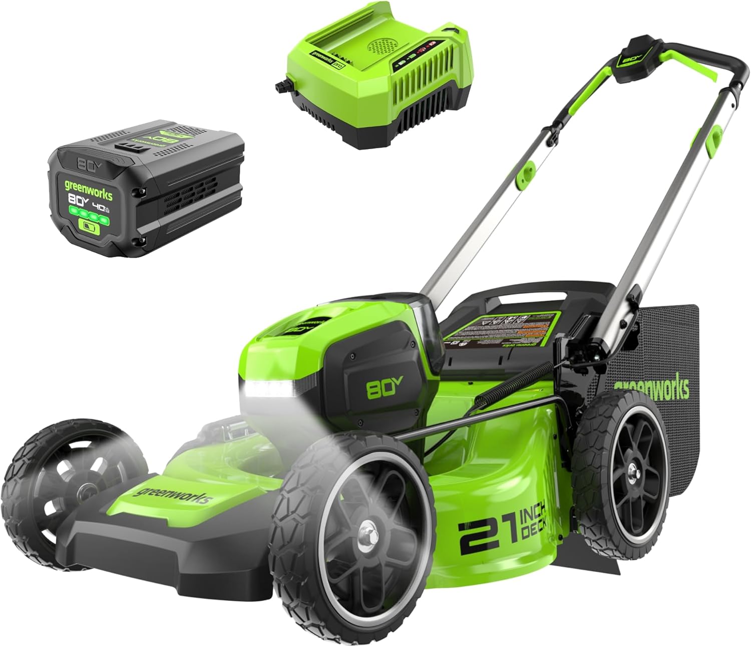 Greenworks 80V 21″ Brushless Cordless (Push) Lawn Mower (LED Headlight + Aluminum Handles), 4.0Ah Battery and Rapid Charger Included (75+ Compatible Tools) Greenworks 80V 21″ Brushless Cordless (Push) Lawn Mower (LED Headlight + Aluminum Handles), 4.0Ah Battery and Rapid Charger Included (75+ Compatible Tools)