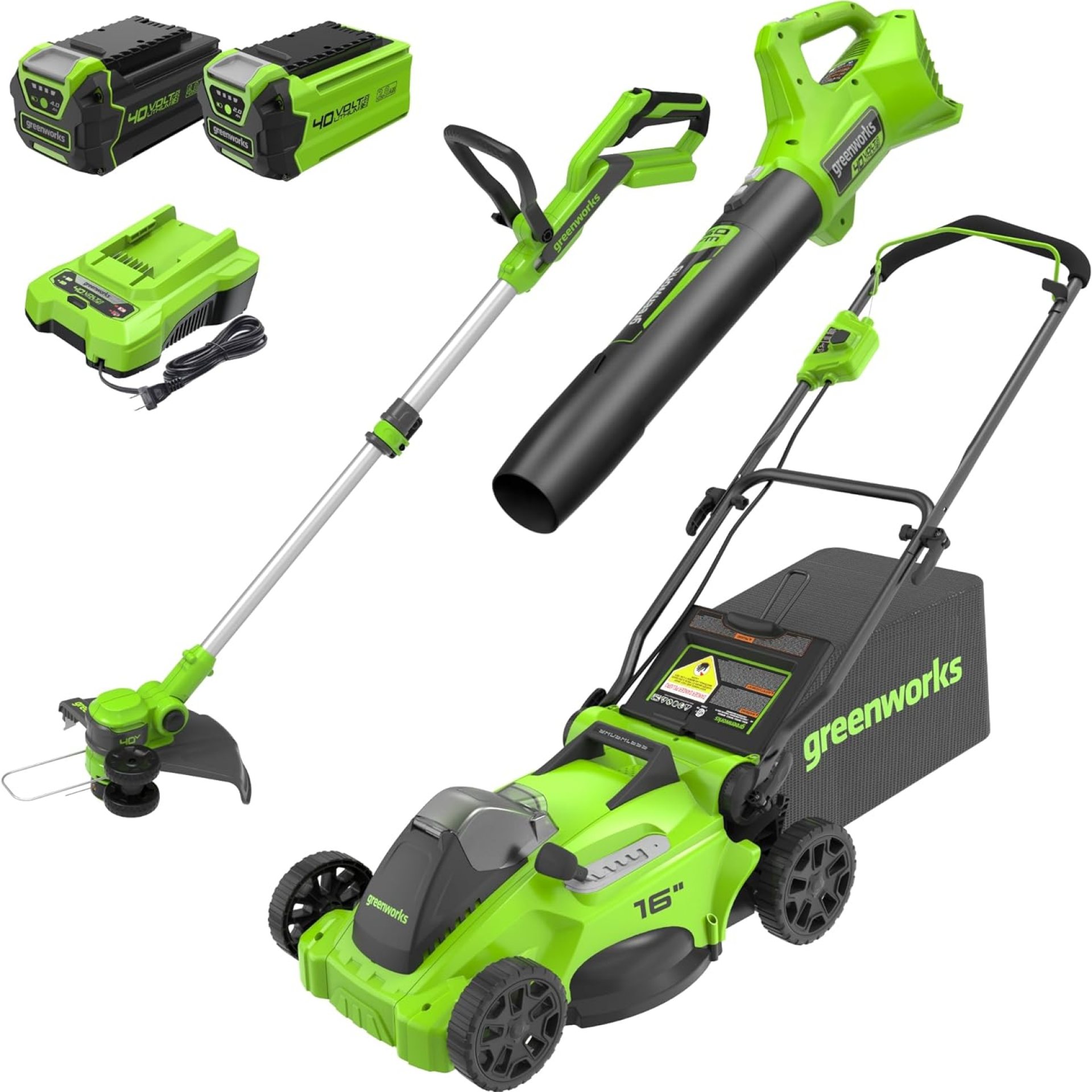 Greenworks 40V 16″ Brushless Cordless (Push) Lawn Mower + Blower (350 CFM) + 13″ String Trimmer (Bonus Spools), 4.0Ah + 2.0Ah Battery and Charger Included (75+ Compatible Tools) Greenworks 40V 16″ Brushless Cordless (Push) Lawn Mower + Blower (350 CFM) + 13″ String Trimmer (Bonus Spools), 4.0Ah + 2.0Ah Battery and Charger Included (75+ Compatible Tools)