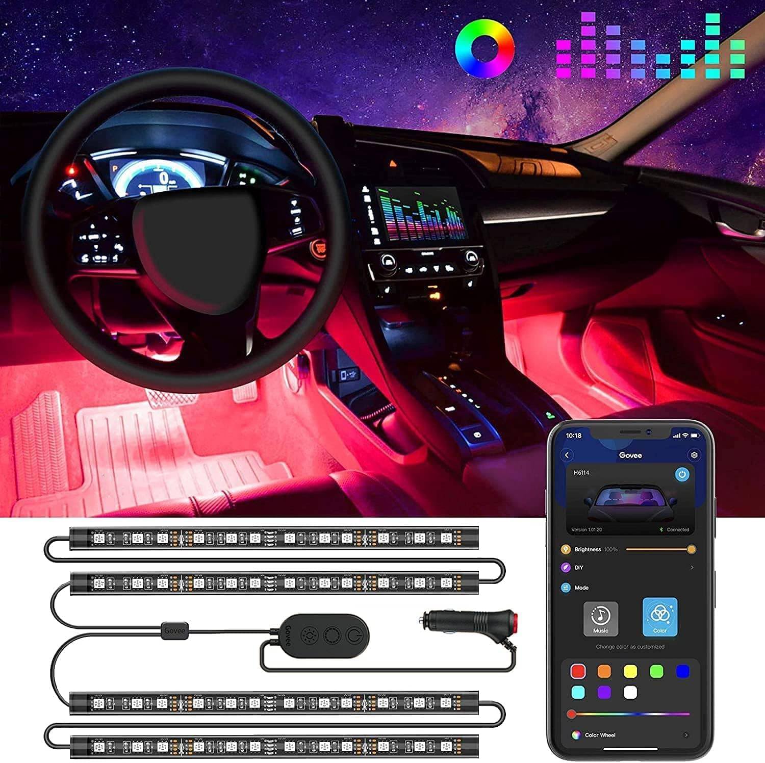 Govee Car LED Lights, Smart Interior Lights with App Control, RGB Inside Car Lights with DIY Mode and Music Mode, 2 Lines Design for Cars with Car Charger, DC 12V Govee Car LED Lights, Smart Interior Lights with App Control, RGB Inside Car Lights with DIY Mode and Music Mode, 2 Lines Design for Cars with Car Charger, DC 12V