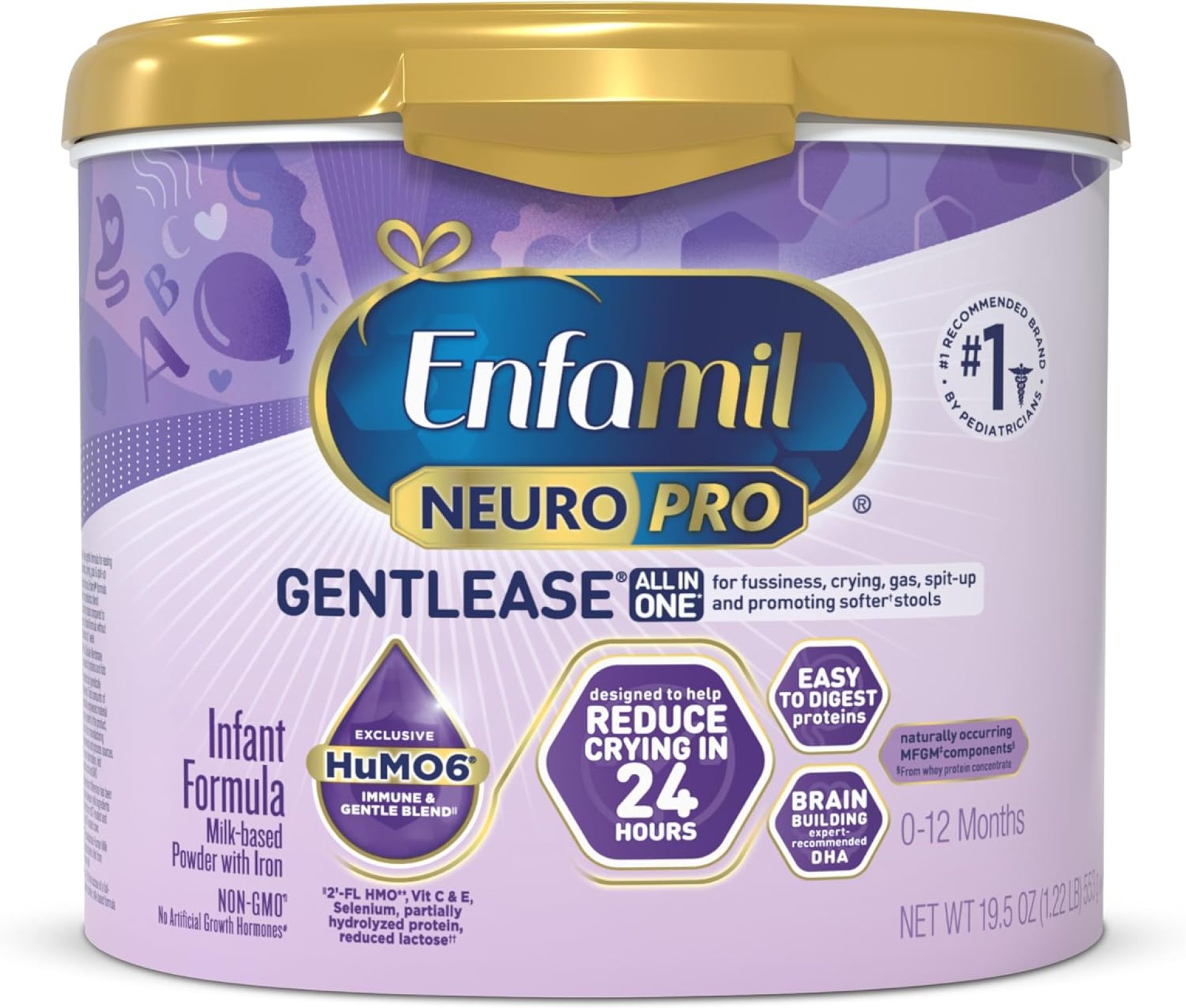 Enfamil NeuroPro Gentlease Baby Formula, Brain Building DHA, HuMO6 Immune Blend, Designed to Reduce Fussiness, Crying, Gas & Spit-up in 24 Hrs, has Prebiotics to Promote Softer Stools, Reusable Tub, 19.5 Oz Enfamil NeuroPro Gentlease Baby Formula, Brain Building DHA, HuMO6 Immune Blend, Designed to Reduce Fussiness, Crying, Gas & Spit-up in 24 Hrs, has Prebiotics to Promote Softer Stools, Reusable Tub, 19.5 Oz