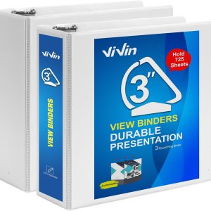 ViVin Durable 3 inch D Ring View Binder, Large 3″ Slant-D Ring with 725-Sheet Capacity, Fit 8.5″ x 11″ Paper, 2 Pack(White)