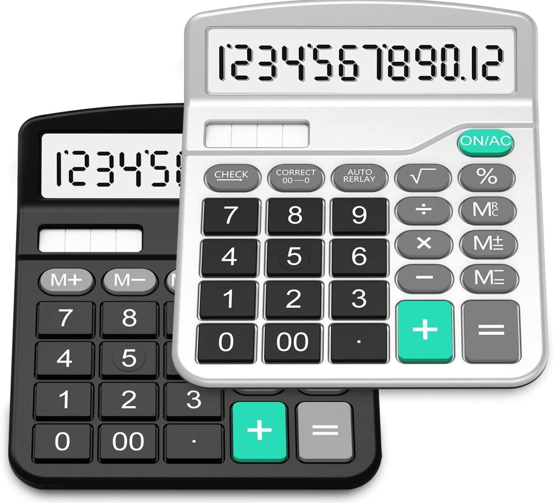 Calculator, Splaks 2 Pack Standard Functional Desktop Calculators Solar and AA Battery Dual Power Electronic Office Calculators with 12-Digit Large Display (1 Basic Black&1 Updated Silver) Calculator, Splaks 2 Pack Standard Functional Desktop Calculators Solar and AA Battery Dual Power Electronic Office Calculators with 12-Digit Large Display (1 Basic Black&1 Updated Silver)