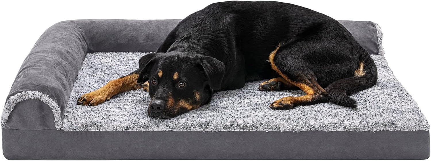 Furhaven Orthopedic Dog Bed for Large Dogs w/ Removable Bolsters & Washable Cover, For Dogs Up to 95 lbs – Two-Tone Plush Faux Fur & Suede L Shaped Chaise – Stone Gray, Jumbo/XL Furhaven Orthopedic Dog Bed for Large Dogs w/ Removable Bolsters & Washable Cover, For Dogs Up to 95 lbs – Two-Tone Plush Faux Fur & Suede L Shaped Chaise – Stone Gray, Jumbo/XL