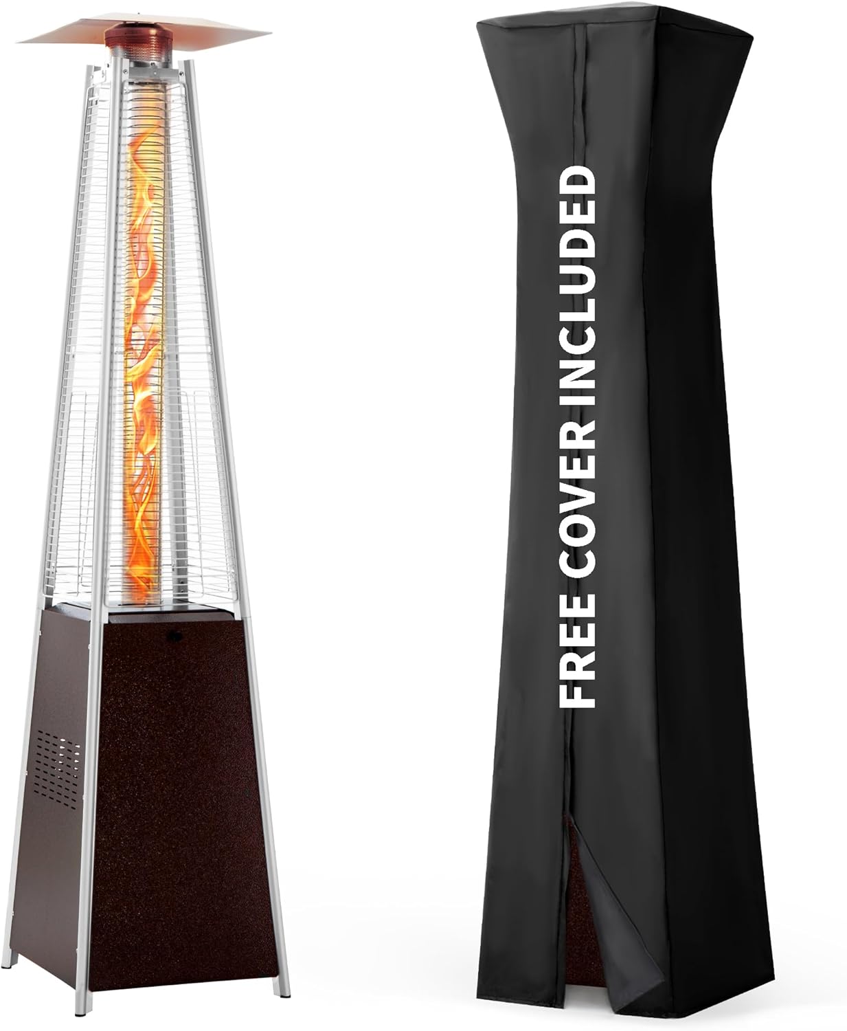 Pamapic Patio Heater, 48,000 BTU Pyramid Flame Outdoor Heater with Cover, Quartz Glass Tube Hammered Bronze Tower Propane Outdoor Heater with Wheels Pamapic Patio Heater, 48,000 BTU Pyramid Flame Outdoor Heater with Cover, Quartz Glass Tube Hammered Bronze Tower Propane Outdoor Heater with Wheels