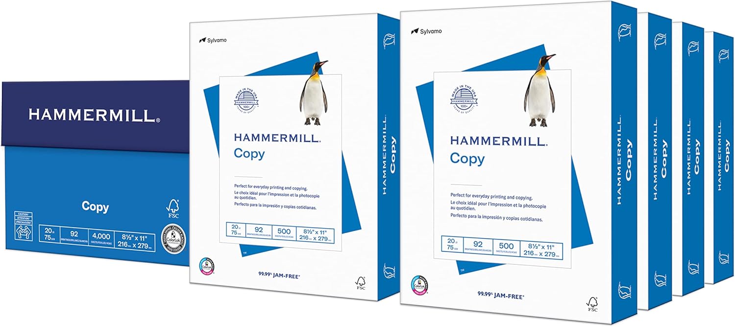 Hammermill Printer Paper, 20 Lb Copy Paper, 8.5 x 11 – 8 Ream (4,000 Sheets) – 92 Bright, Made in the USA Hammermill Printer Paper, 20 Lb Copy Paper, 8.5 x 11 – 8 Ream (4,000 Sheets) – 92 Bright, Made in the USA