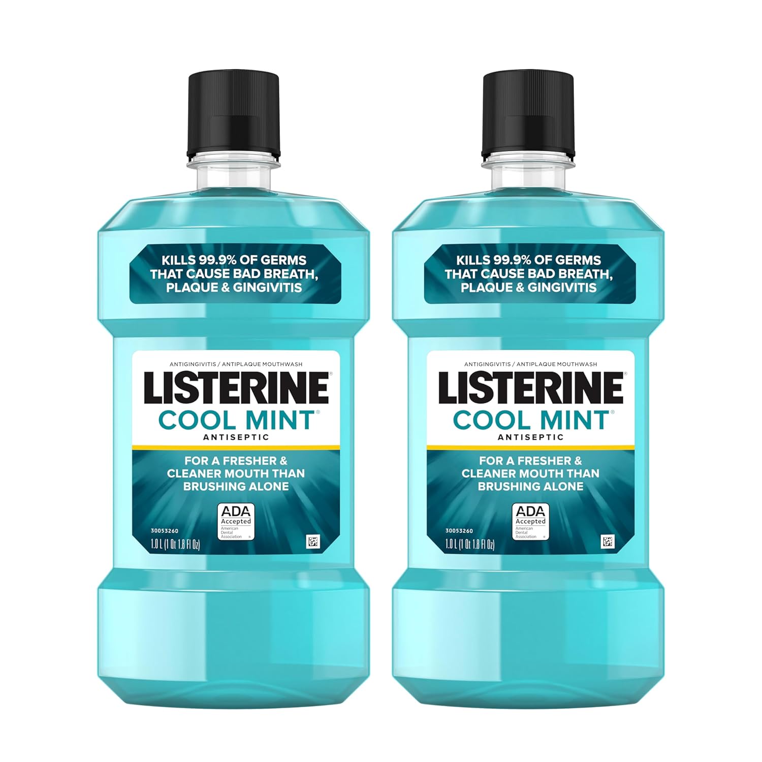 Listerine Cool Mint Mouthwash, Kills 99.9% of Germs That Cause Bad Breath, Plaque and Gingivitis, Antiseptic, Cool Mint Flavor, 1 L, 2 Pack Listerine Cool Mint Mouthwash, Kills 99.9% of Germs That Cause Bad Breath, Plaque and Gingivitis, Antiseptic, Cool Mint Flavor, 1 L, 2 Pack