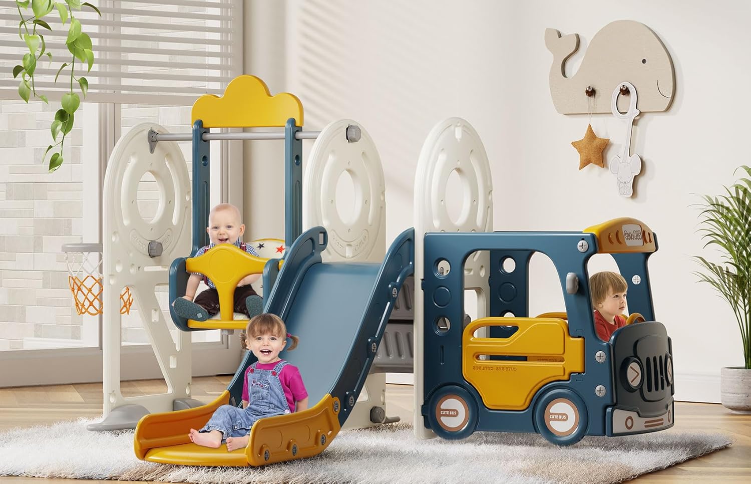 5 in 1 Toddler Slide and Swing Set, Kid Slide for Toddlers Age 1-3, Bus Themed Baby Slide with Basketball Hoop, Indoor Outdoor Slide Toddler Playset Toddler Playground 5 in 1 Toddler Slide and Swing Set, Kid Slide for Toddlers Age 1-3, Bus Themed Baby Slide with Basketball Hoop, Indoor Outdoor Slide Toddler Playset Toddler Playground