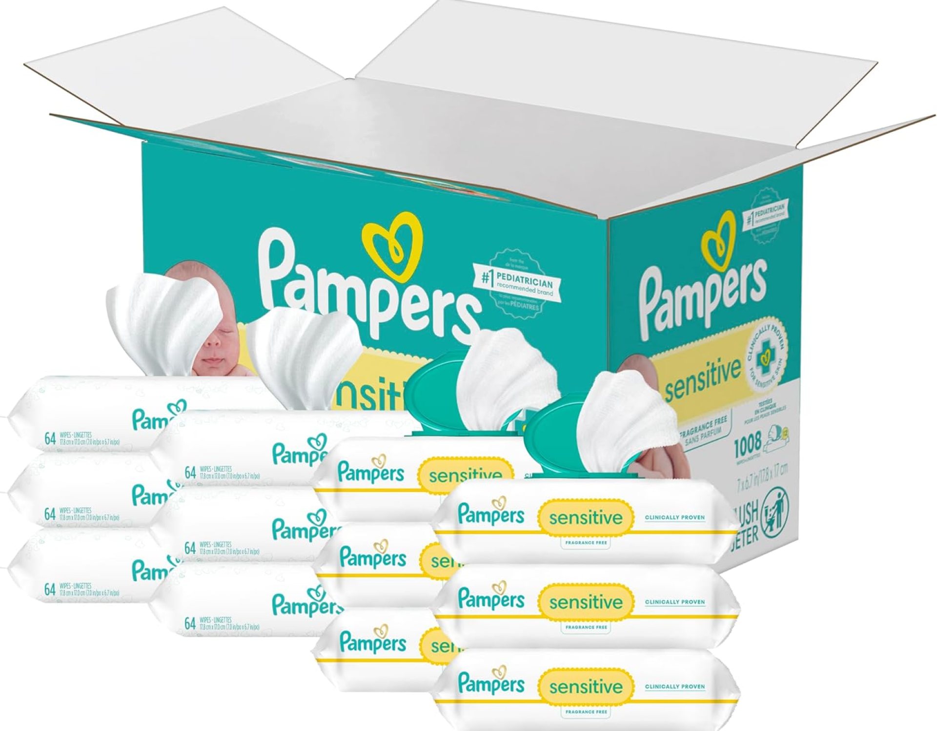 Pampers Sensitive Baby Wipes, Water Based, Hypoallergenic and Unscented, 8 Flip-Top Packs, 4 Refill Packs (1008 Wipes Total) Pampers Sensitive Baby Wipes, Water Based, Hypoallergenic and Unscented, 8 Flip-Top Packs, 4 Refill Packs (1008 Wipes Total)