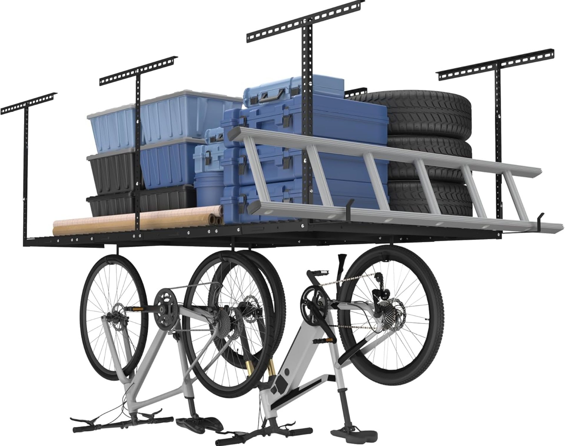 FLEXIMOUNTS 4×8 Overhead Metal Garage Storage Rack w/Hooks Adjustable Ceiling Storage Rack, 96″ Length x 48″ Width x 40″ Height, 22”-40″ Ceiling Dropdown, Black FLEXIMOUNTS 4×8 Overhead Metal Garage Storage Rack w/Hooks Adjustable Ceiling Storage Rack, 96″ Length x 48″ Width x 40″ Height, 22”-40″ Ceiling Dropdown, Black