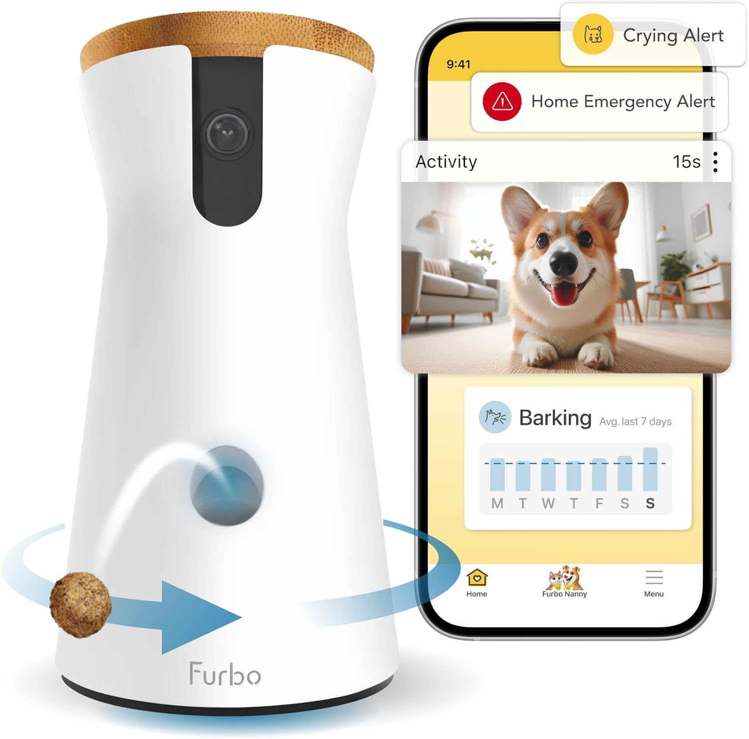 Furbo 360° Dog Camera + Nanny Bundle: Home Security & Dog Safety Alerts, Rotating Pet Treat Dispenser Camera with Speaker, Smart Home Indoor Cam w Phone App (Additional Subscription Required at Setup) Furbo 360° Dog Camera + Nanny Bundle: Home Security & Dog Safety Alerts, Rotating Pet Treat Dispenser Camera with Speaker, Smart Home Indoor Cam w Phone App (Additional Subscription Required at Setup)