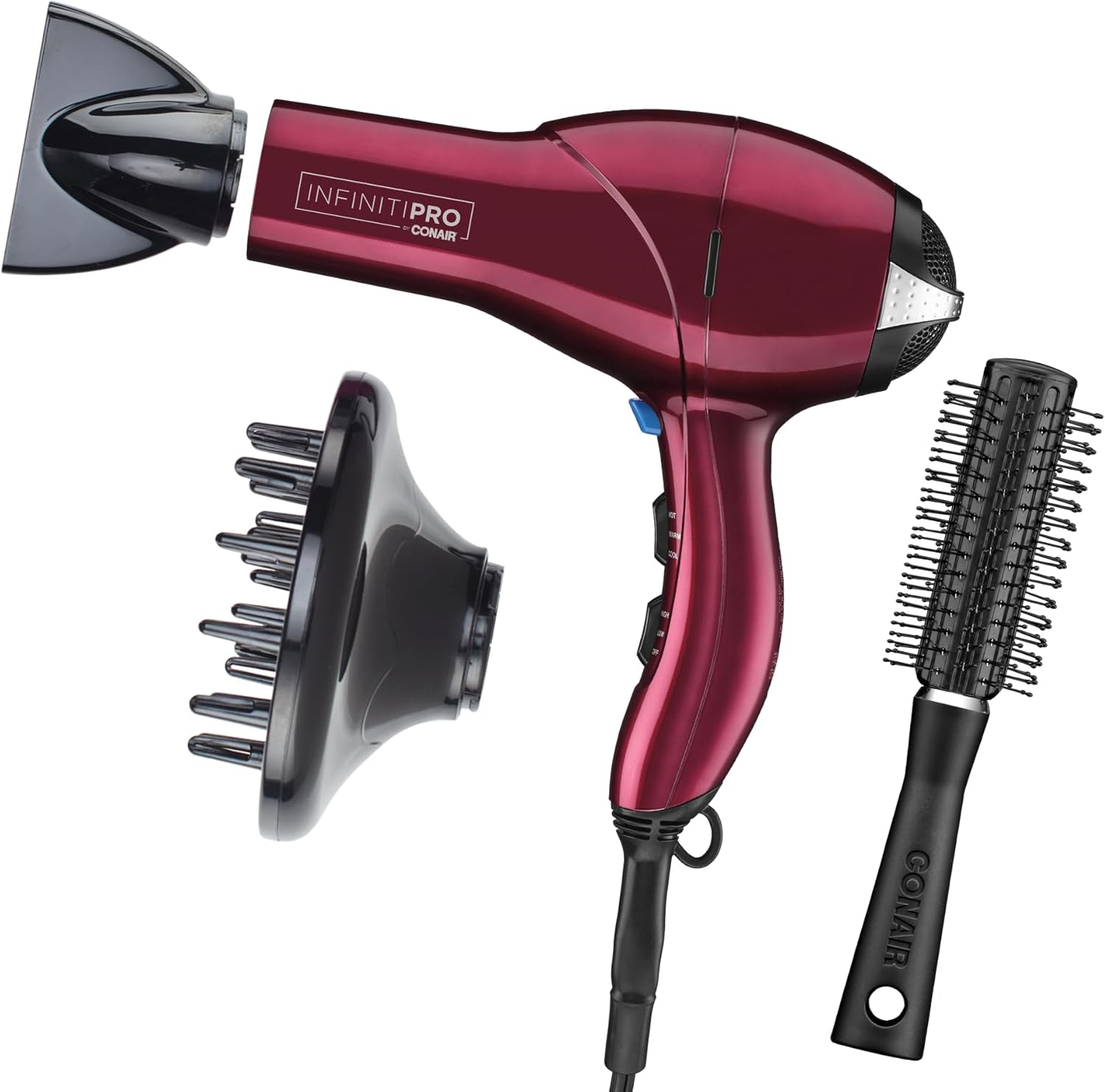 INFINITIPRO by CONAIR Hair Dryer with Diffuser | Salon Performance AC Motor Blow Dryer | Includes Diffuser, Concentrator and Bonus Blow-Out Brush | Burgundy – Amazon Exclusive INFINITIPRO by CONAIR Hair Dryer with Diffuser | Salon Performance AC Motor Blow Dryer | Includes Diffuser, Concentrator and Bonus Blow-Out Brush | Burgundy – Amazon Exclusive