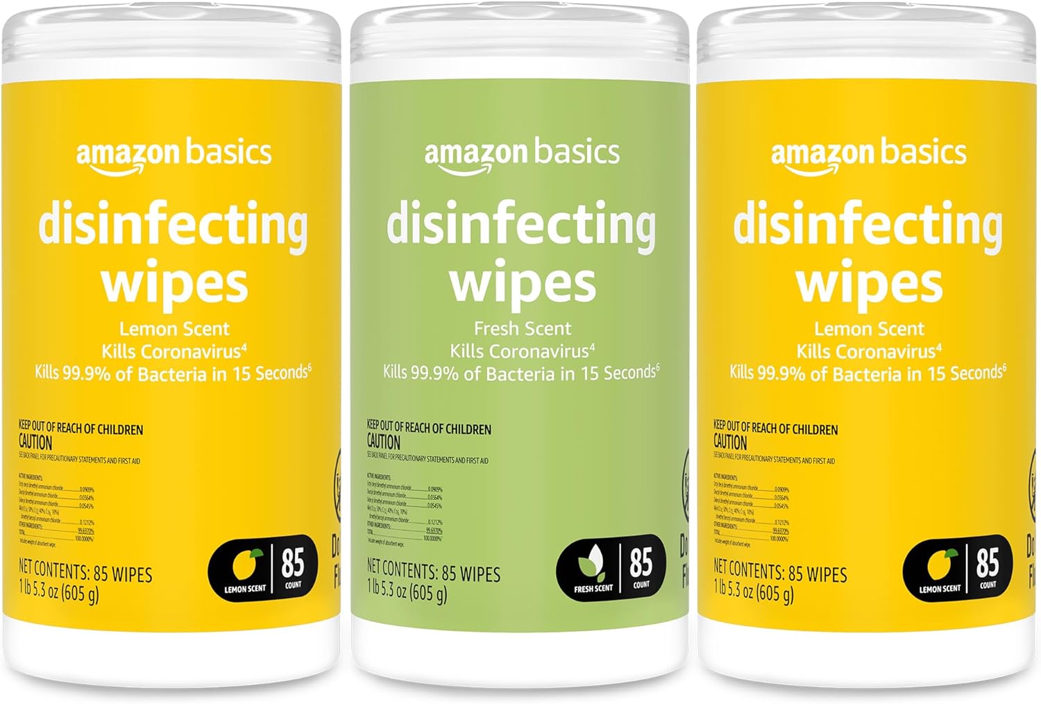 Amazon Basics Disinfecting Wipes, Lemon & Fresh Scent, Sanitizes, Cleans, Disinfects & Deodorizes, 255 Count (3 Packs of 85) Amazon Basics Disinfecting Wipes, Lemon & Fresh Scent, Sanitizes, Cleans, Disinfects & Deodorizes, 255 Count (3 Packs of 85)