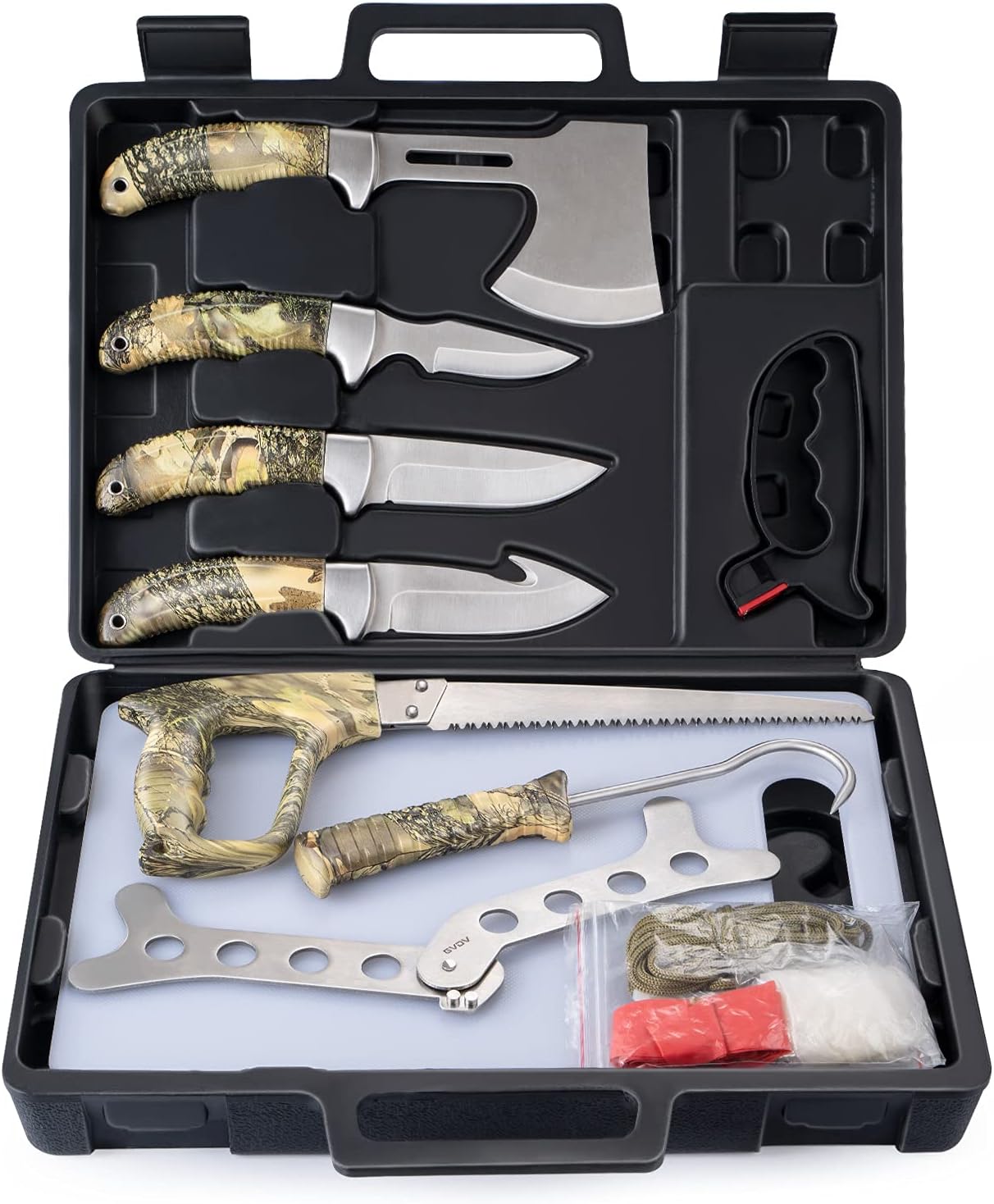 GVDV Hunting Knife Set – 14 Pieces, Portable Butcher Game Processing Kit for Men, Field Dressing Kit with Gut Hook Skinner Knife, Caping knife, Axe, Wood/Bone Saw, Spreader, Gloves, Gifts for Men