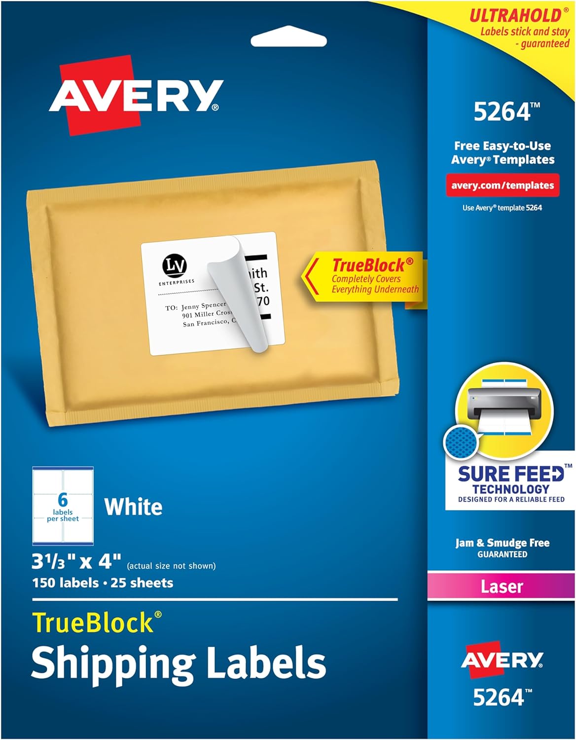Avery Printable Shipping Labels with Sure Feed, 3-1/3″ x 4″, White, 150 Blank Mailing Labels (5264) Avery Printable Shipping Labels with Sure Feed, 3-1/3″ x 4″, White, 150 Blank Mailing Labels (5264)
