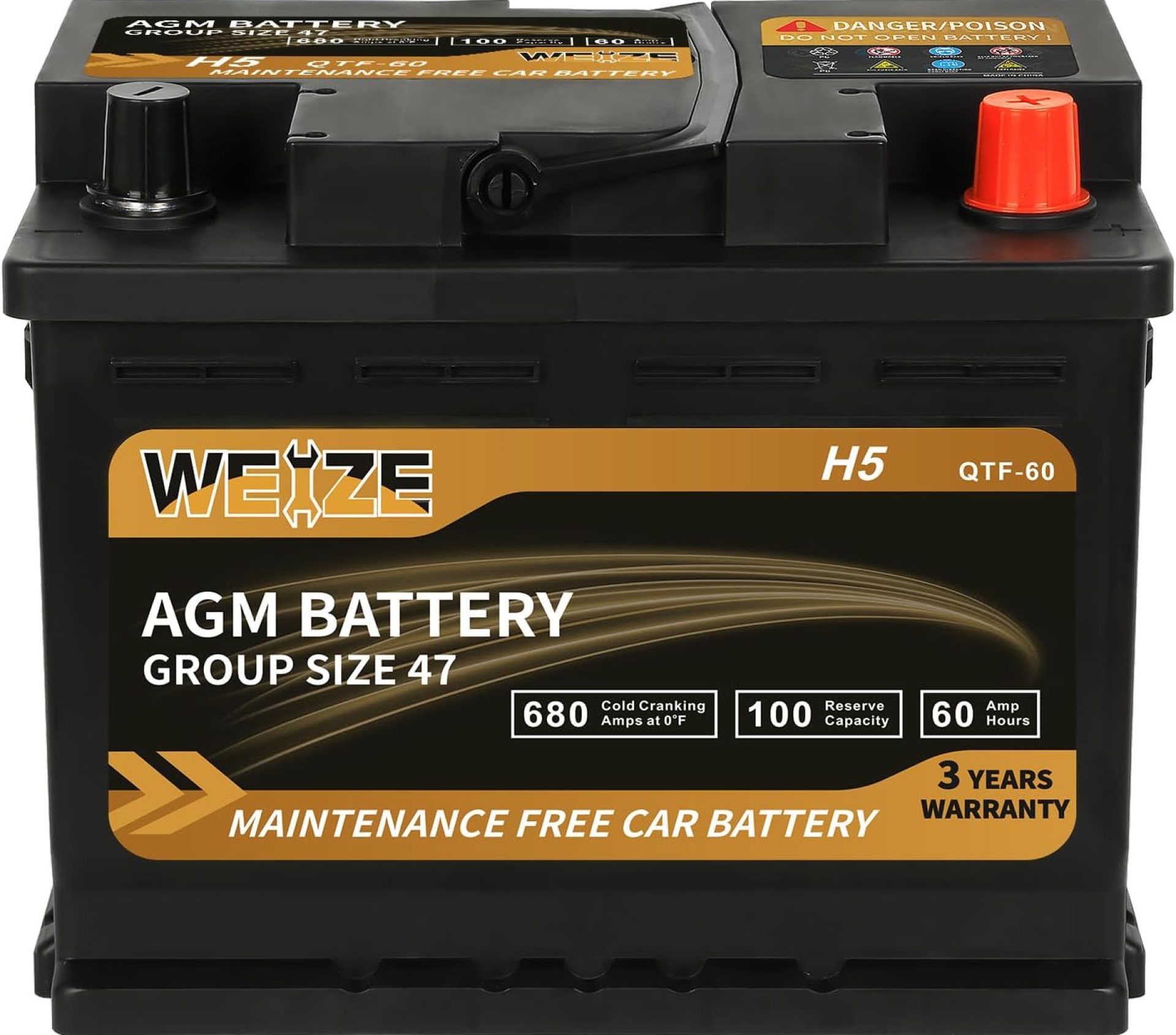 Weize Platinum AGM Battery BCI Group 47-12v 60ah H5 Size 47 Automotive Battery, 100RC, 680CCA, 36 Months Warranty Weize Platinum AGM Battery BCI Group 47-12v 60ah H5 Size 47 Automotive Battery, 100RC, 680CCA, 36 Months Warranty