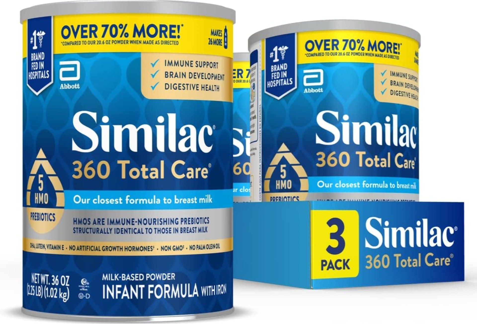 Similac 360 Total Care Infant Formula, Has 5 HMO Prebiotics, Our Closest Prebiotic Blend to Breast Milk, Non-GMO, Baby Formula Powder, 36-oz Value Can, Pack of 3 Similac 360 Total Care Infant Formula, Has 5 HMO Prebiotics, Our Closest Prebiotic Blend to Breast Milk, Non-GMO, Baby Formula Powder, 36-oz Value Can, Pack of 3