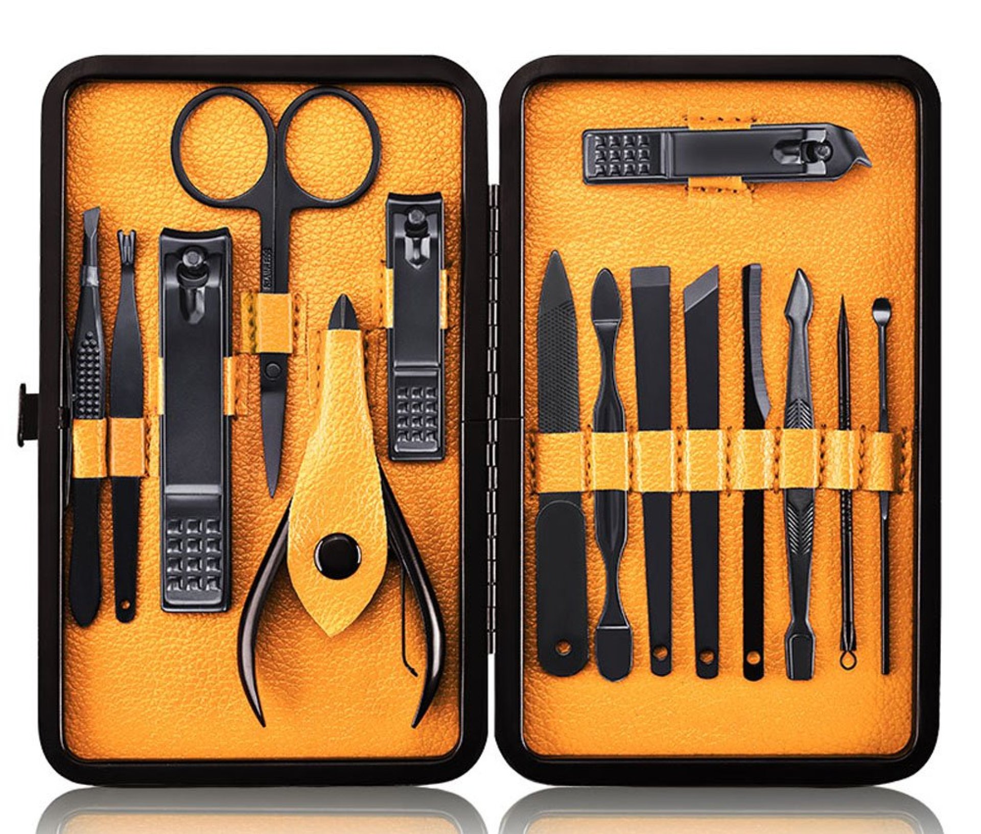 Professional Stainless Steel Nail Clipper Travel & Grooming Kit Nail Tools Manicure & Pedicure Set of 15pcs with Luxurious Case (Black/Yellow) Professional Stainless Steel Nail Clipper Travel & Grooming Kit Nail Tools Manicure & Pedicure Set of 15pcs with Luxurious Case (Black/Yellow)
