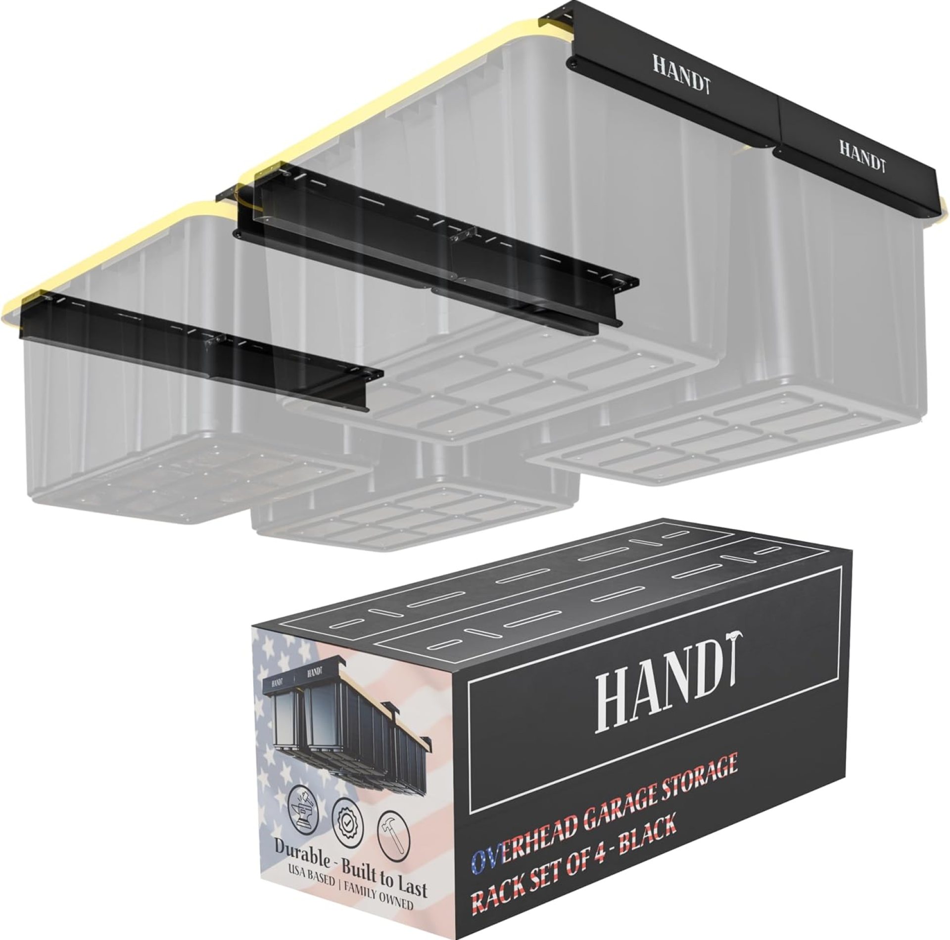 HandT USA Based Overhead Garage Storage Rack, Ceiling Tote Bin Organization Rails Shelving Racks System, Heavy Duty Hanging Metal Rack Systems for 27 Gallon Container, Supports Most Bins, 4 Sets Black HandT USA Based Overhead Garage Storage Rack, Ceiling Tote Bin Organization Rails Shelving Racks System, Heavy Duty Hanging Metal Rack Systems for 27 Gallon Container, Supports Most Bins, 4 Sets Black