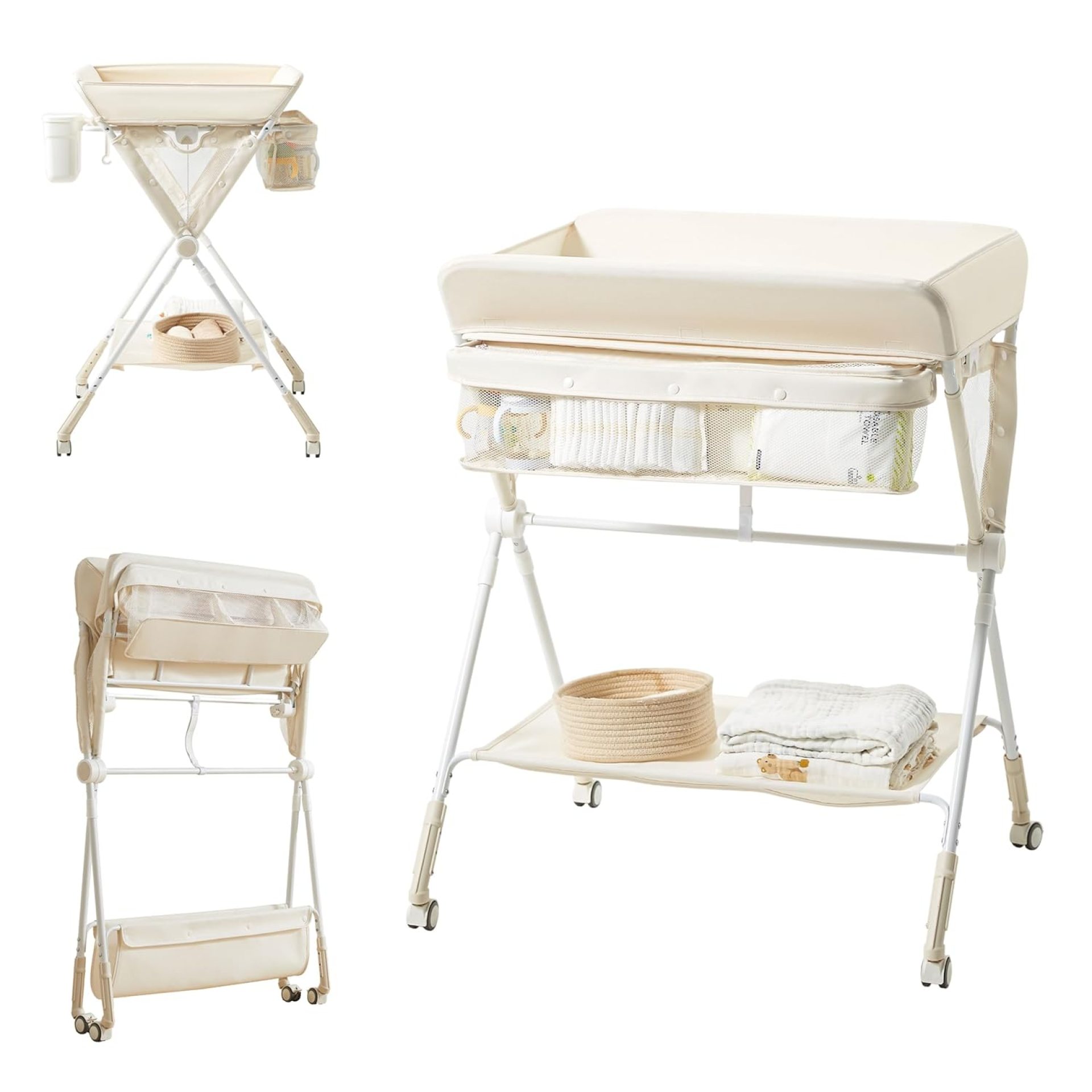 Diaper Changing Table, Portable Baby Changing Table with Wheels, Folding Toddler Changing Table with 3-Level Adjustable Height, Portable Changing Table with Storage Oatmeal Diaper Changing Table, Portable Baby Changing Table with Wheels, Folding Toddler Changing Table with 3-Level Adjustable Height, Portable Changing Table with Storage Oatmeal