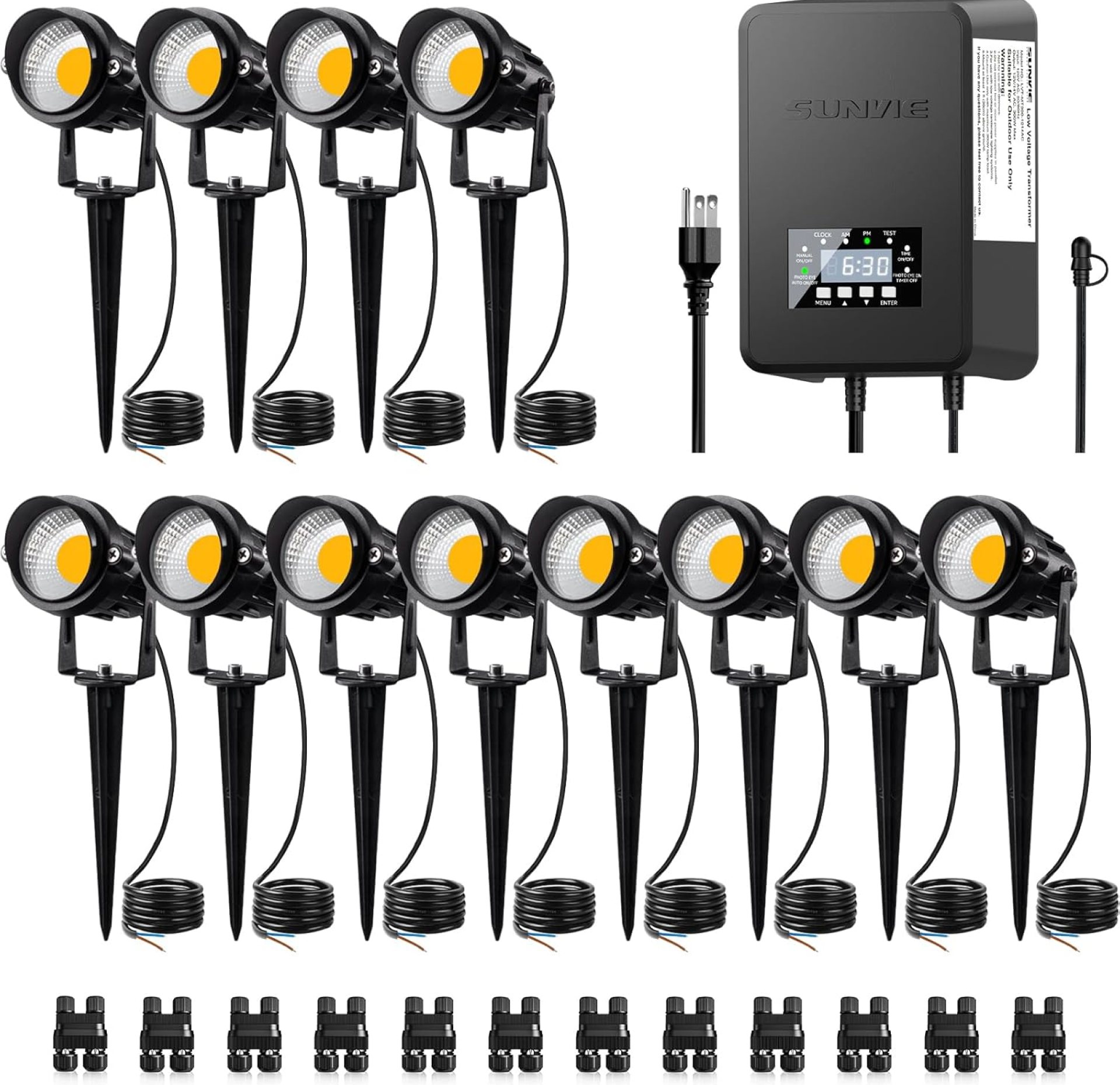 SUNVIE 12 Pack Low Voltage Landscape Lights with 300W Transformer 12-24V LED Landscape Lighting Kit 3000K Waterproof Aluminum Landscape Spotlights with Wire Connectors for House Yard Tree Garden SUNVIE 12 Pack Low Voltage Landscape Lights with 300W Transformer 12-24V LED Landscape Lighting Kit 3000K Waterproof Aluminum Landscape Spotlights with Wire Connectors for House Yard Tree Garden