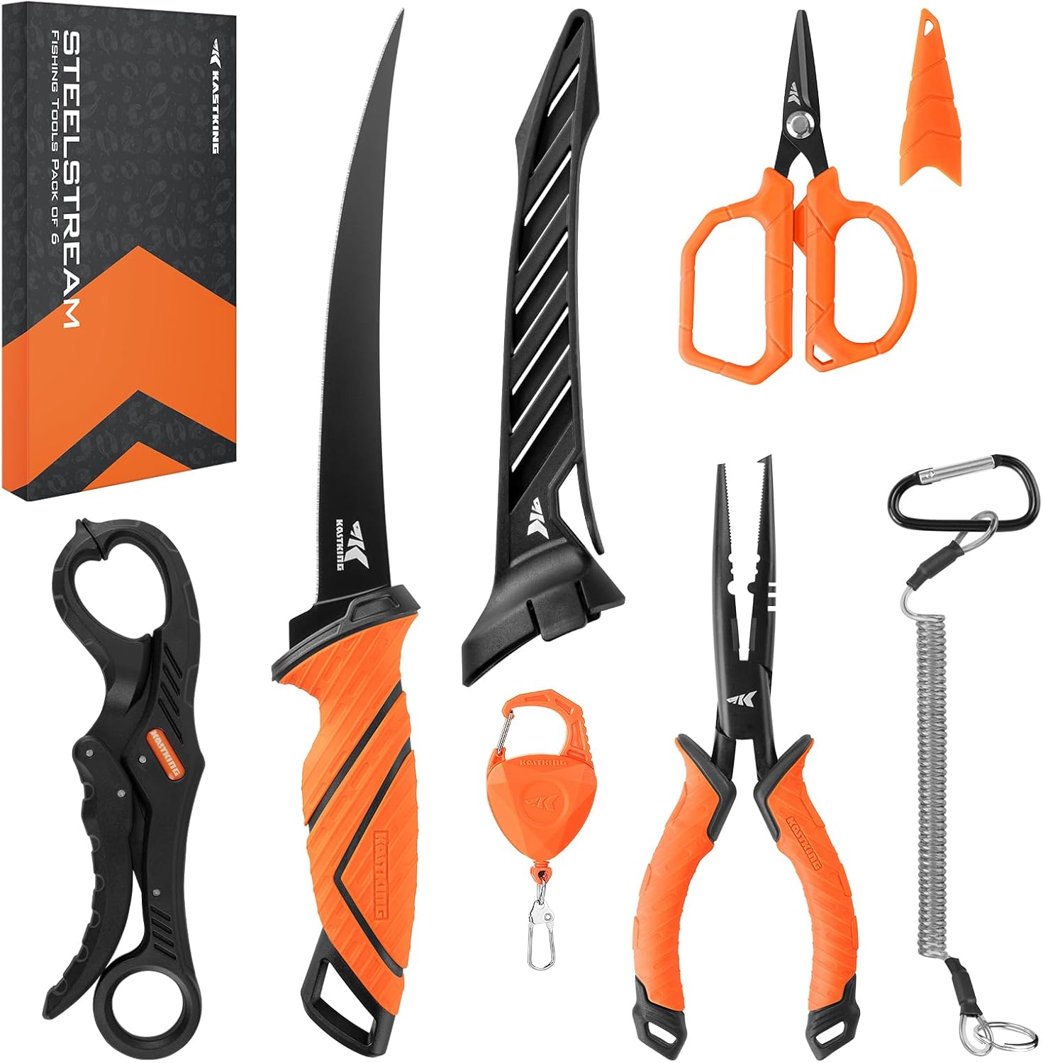 KastKing SteelStream 6pc Fishing Tool Kit – Corrosion Resistant Fishing Pliers with Lanyard, Fillet Knife, Floating Fish Lip Gripper, Fishing Braid Scissors, Tool Retractor, Fishing Gifts for Men KastKing SteelStream 6pc Fishing Tool Kit – Corrosion Resistant Fishing Pliers with Lanyard, Fillet Knife, Floating Fish Lip Gripper, Fishing Braid Scissors, Tool Retractor, Fishing Gifts for Men