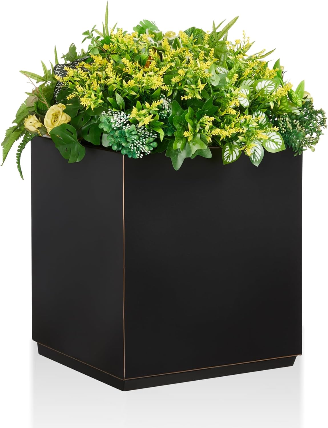 Metallic Heavy Cube Planter Box, No Assembly Required, Seamless Large Black Outdoor Planter 17”Lx17”Wx20”H 24Pounds Black with Hand Brushed Gold Rim Metallic Heavy Cube Planter Box, No Assembly Required, Seamless Large Black Outdoor Planter 17”Lx17”Wx20”H 24Pounds Black with Hand Brushed Gold Rim