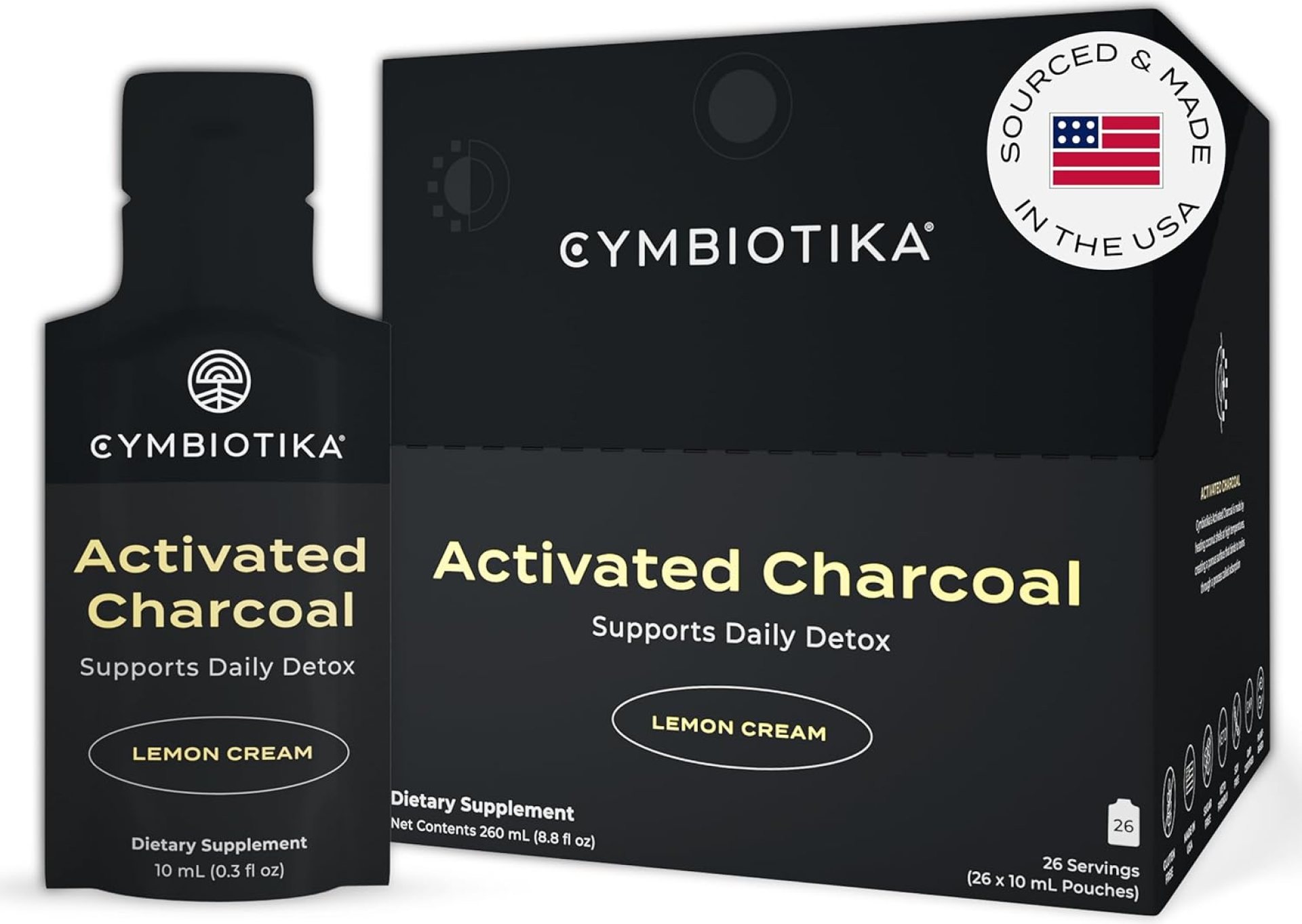 CYMBIOTIKA Activated Charcoal Liquid Supplement Packets from Coconuts for Bloating, Gut Health & Digestive Support, Helps Detox, Vitamin E, Lemon Cream Flavor, Vegan, 26 Pack CYMBIOTIKA Activated Charcoal Liquid Supplement Packets from Coconuts for Bloating, Gut Health & Digestive Support, Helps Detox, Vitamin E, Lemon Cream Flavor, Vegan, 26 Pack